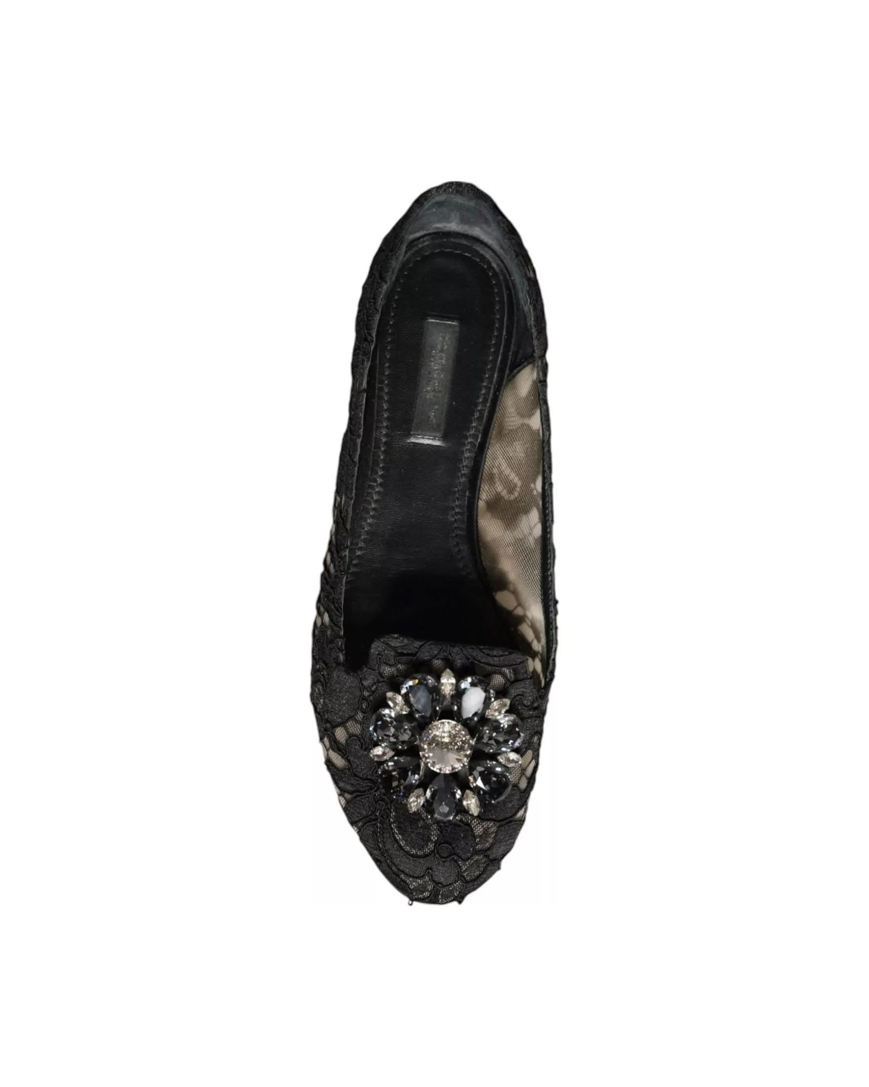 Dolce & Gabbana Black Lace Crystal Ballet Flats Loafer Shoes Flats