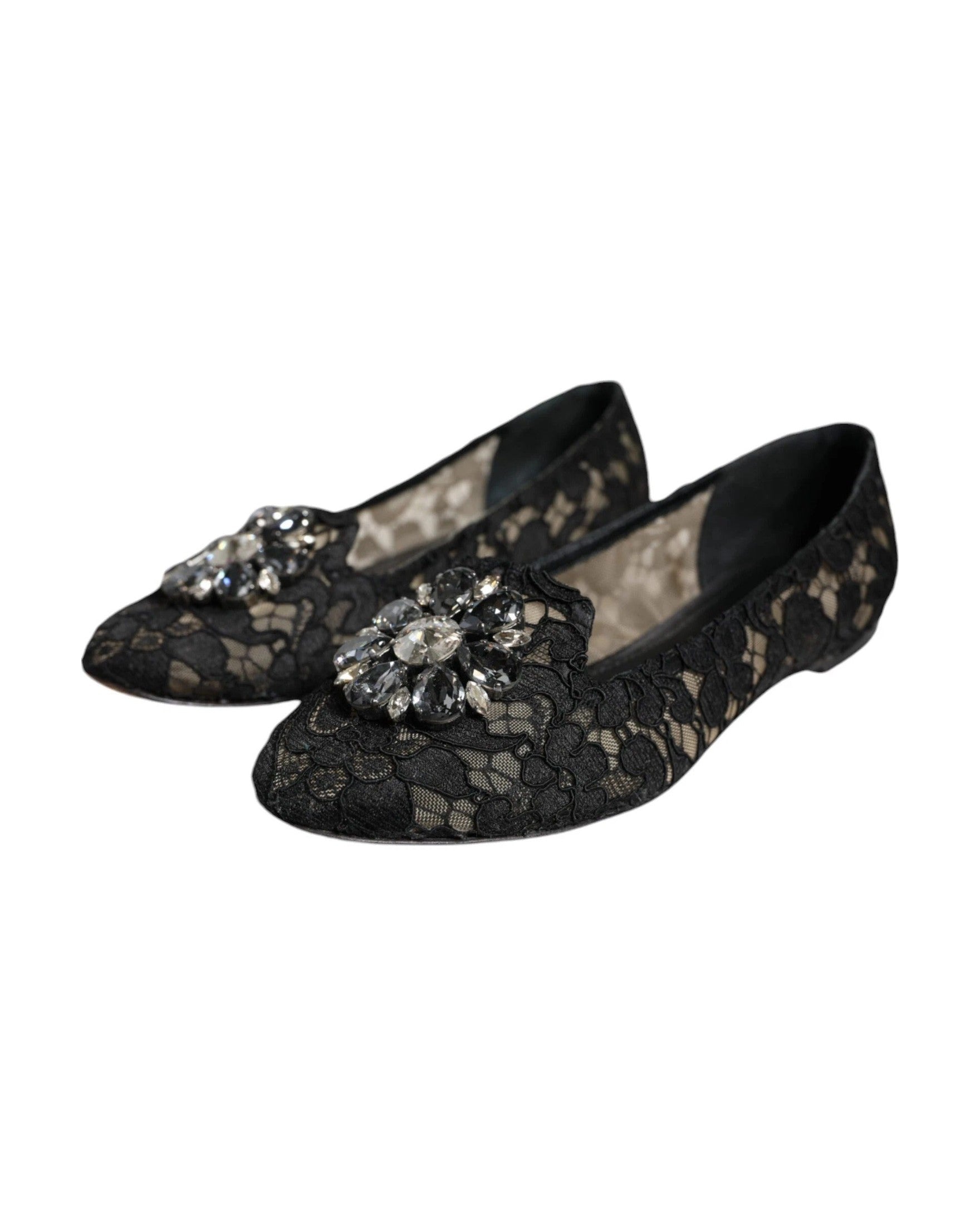 Dolce & Gabbana Black Lace Crystal Ballet Flats Loafer Shoes Flats
