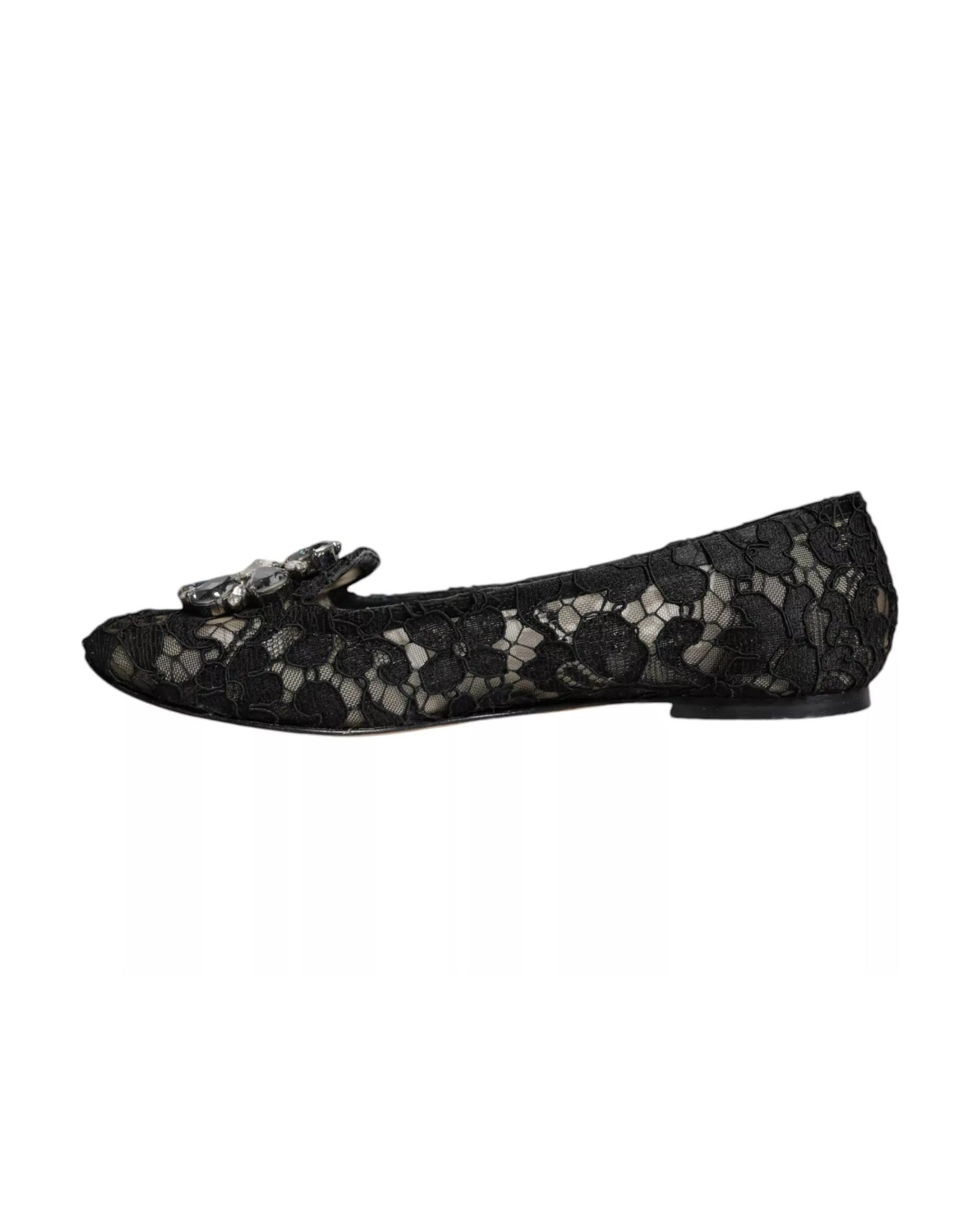 Dolce & Gabbana Black Lace Crystal Ballet Flats Loafer Shoes Flats