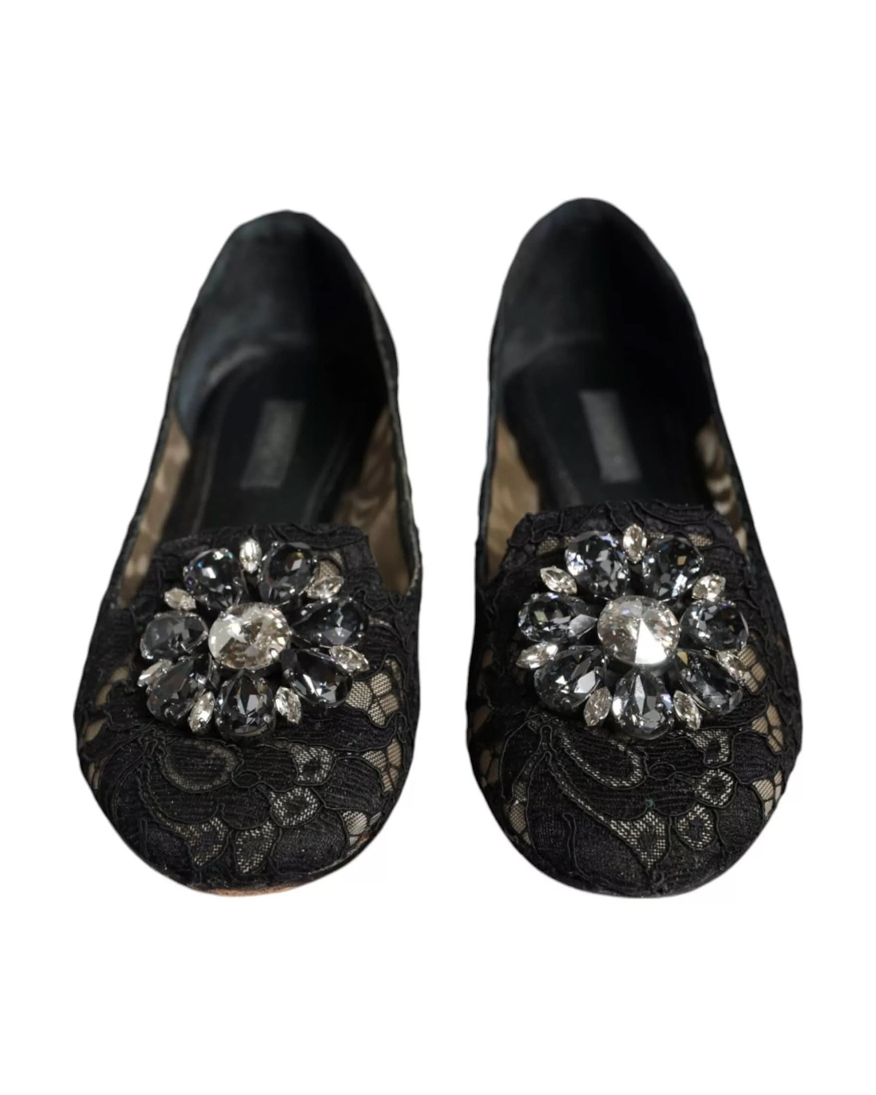 Dolce & Gabbana Black Lace Crystal Ballet Flats Loafer Shoes Flats