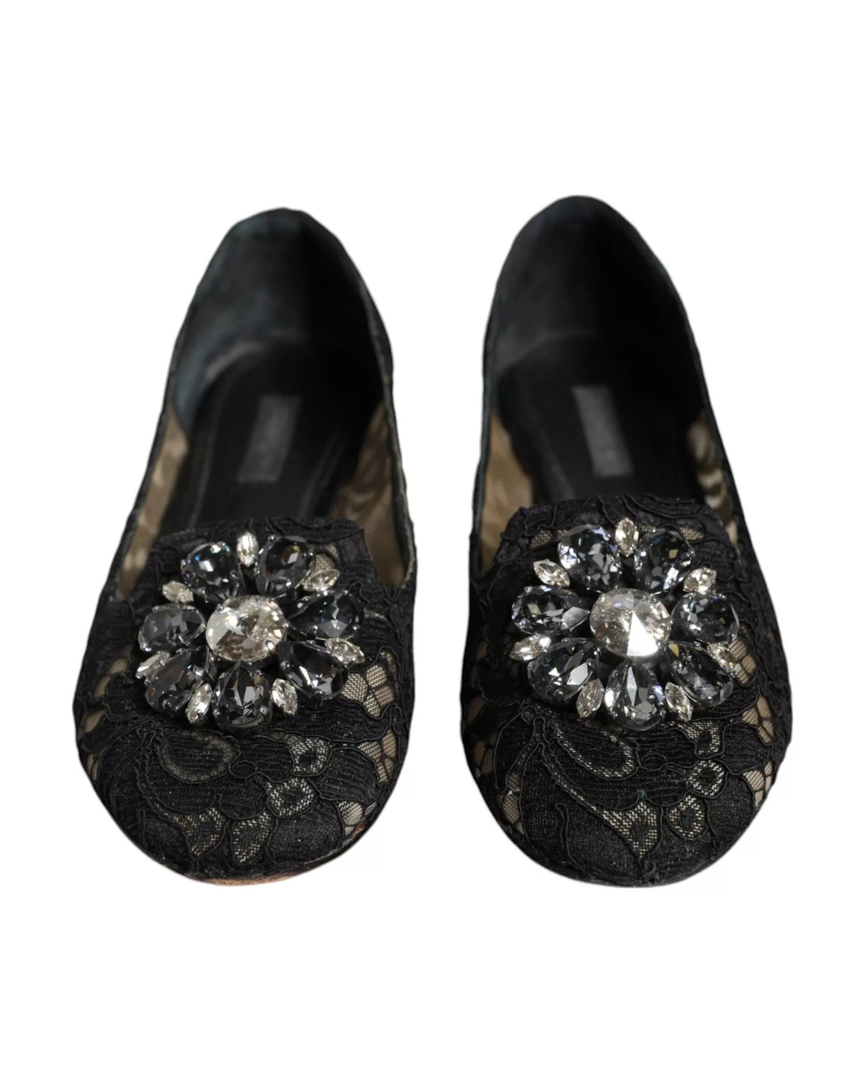 Dolce & Gabbana Black Lace Crystal Ballet Flats Loafer Shoes Flats