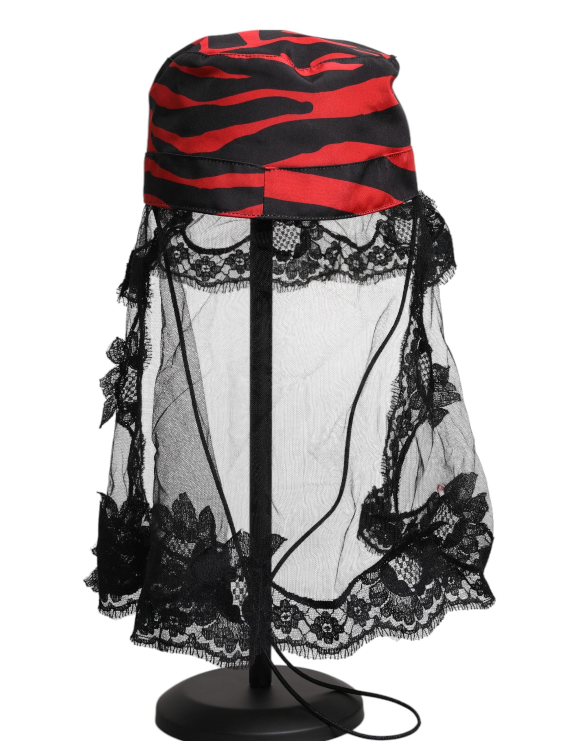 Dolce & Gabbana Black Lace Red Stripes Tulle Bucket Hat Glam Steals
