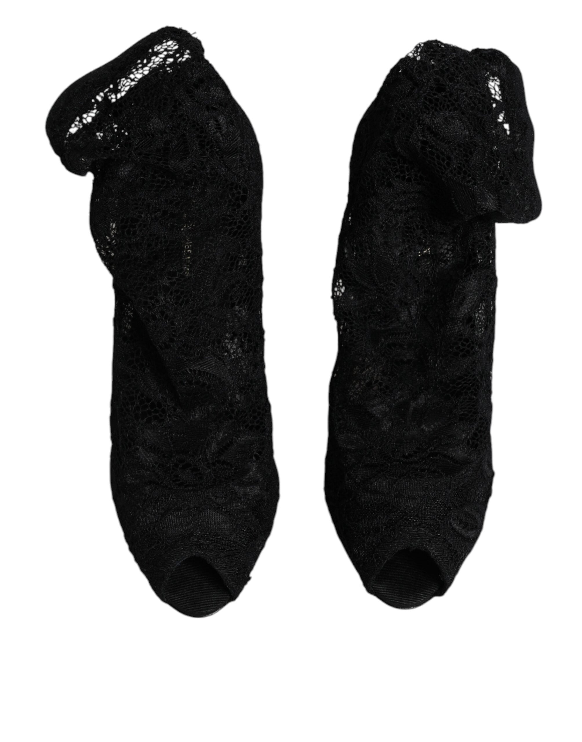 Dolce & Gabbana Black Lace Stretch Heels Mid Calf Boots Shoes Glam Steals