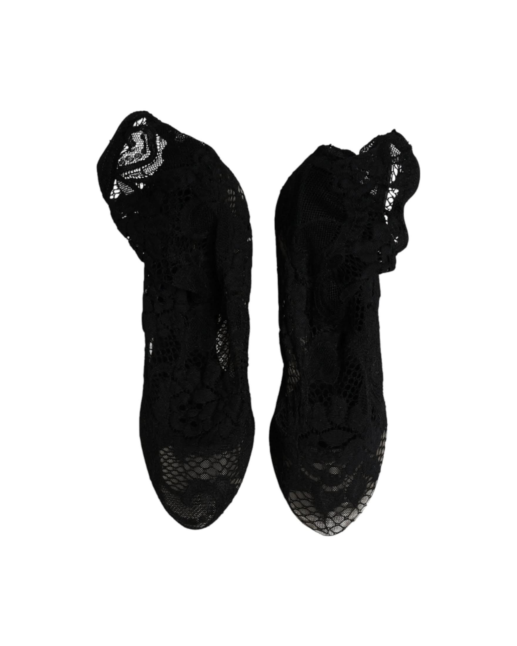Dolce & Gabbana Black Lace Stretch Heels Mid Calf Boots Shoes Boots