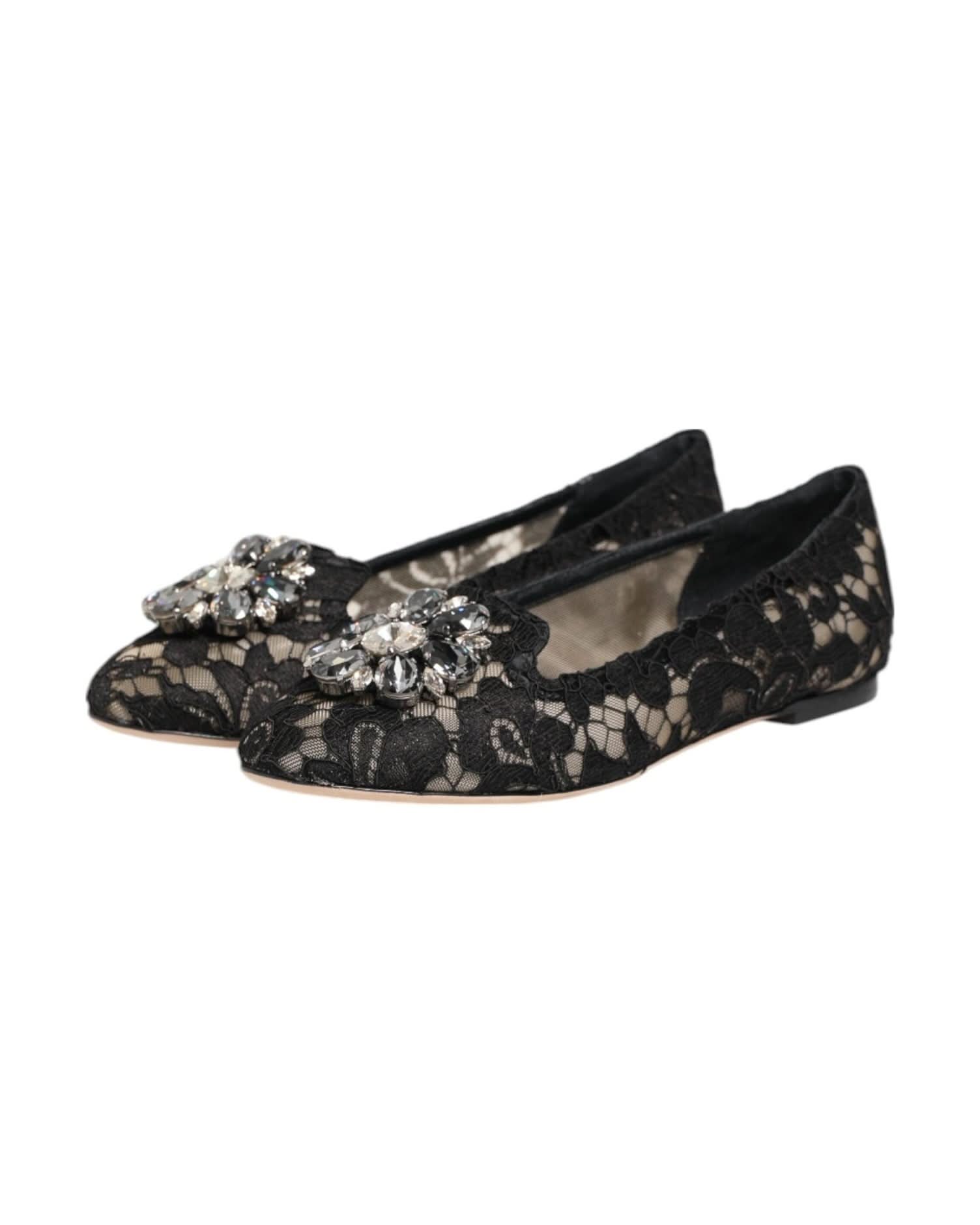 Dolce & Gabbana Black Lace Taormina Crystals Flats Shoes Shoes
