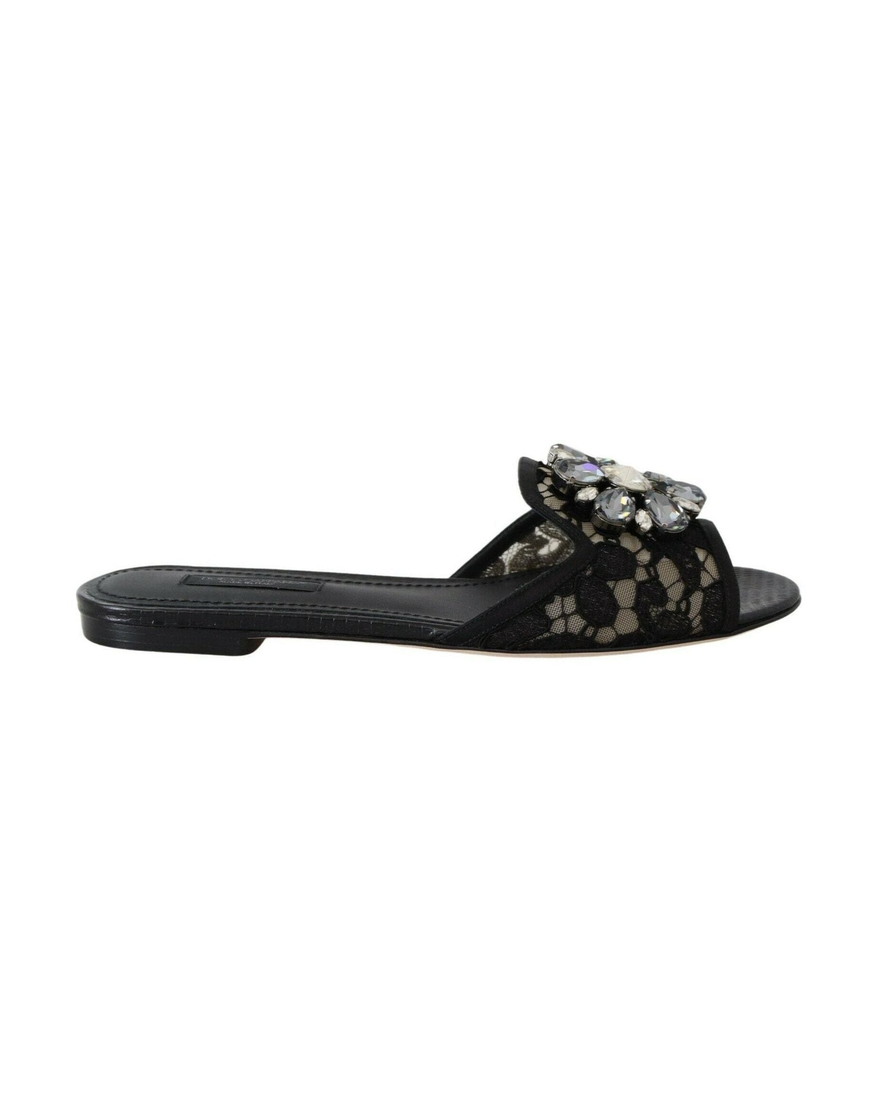 Dolce & Gabbana Black Lace Taormina Slides Crystals Flats Shoes Flats