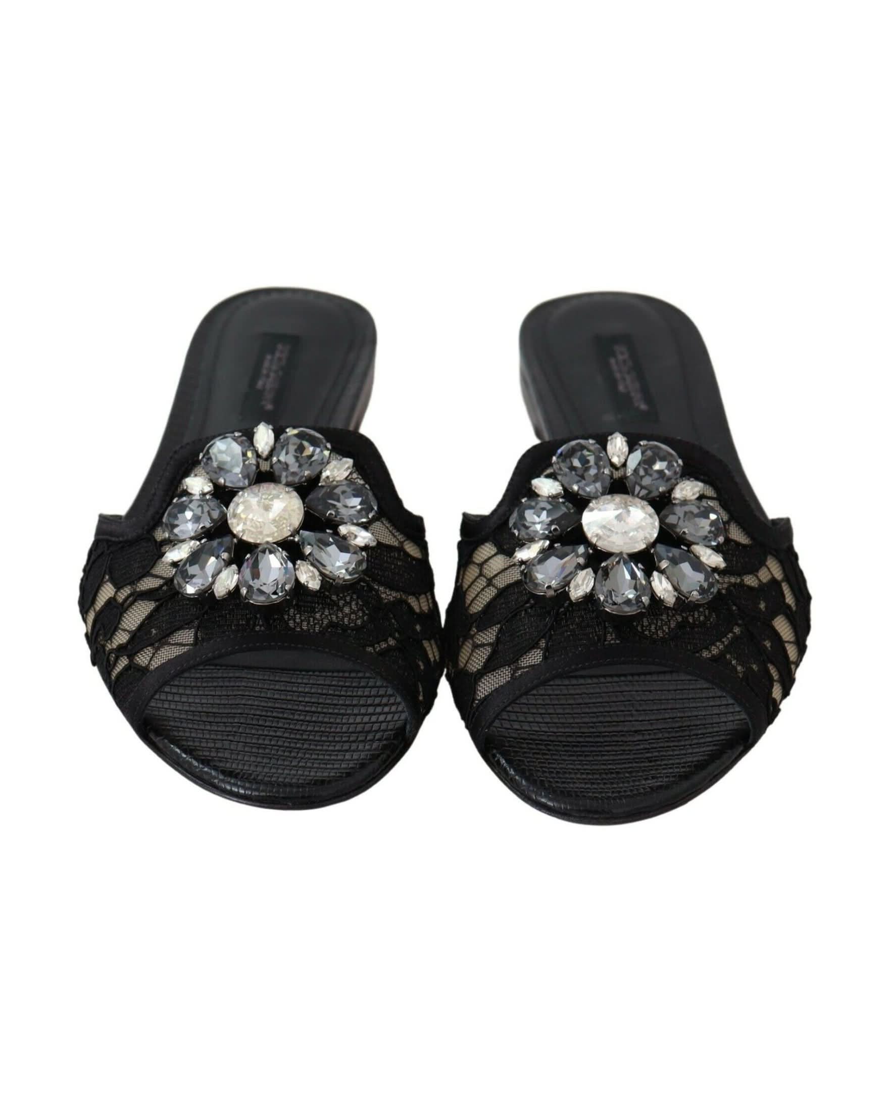 Dolce & Gabbana Black Lace Taormina Slides Crystals Flats Shoes Flats
