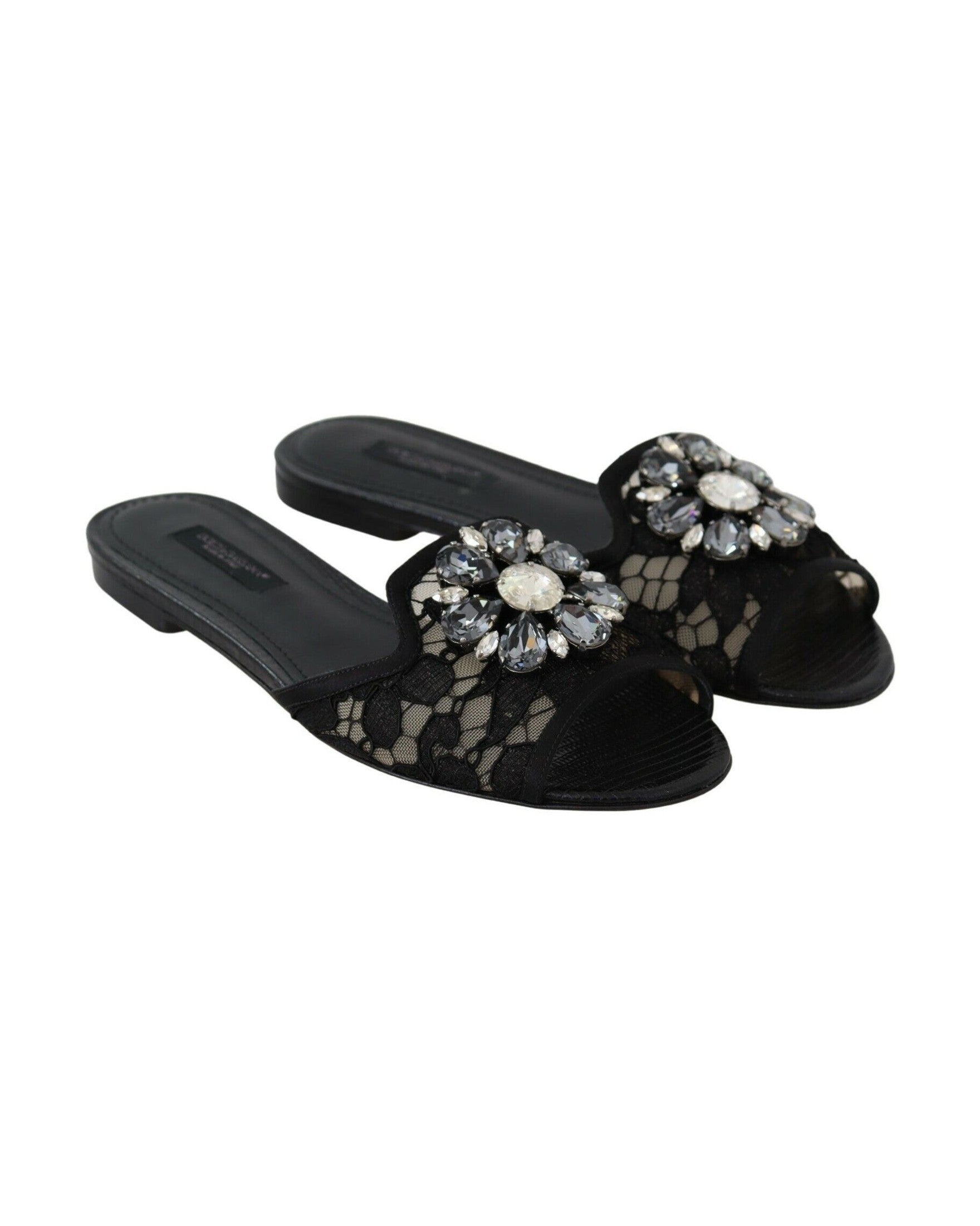 Dolce & Gabbana Black Lace Taormina Slides Crystals Flats Shoes Glam Steals