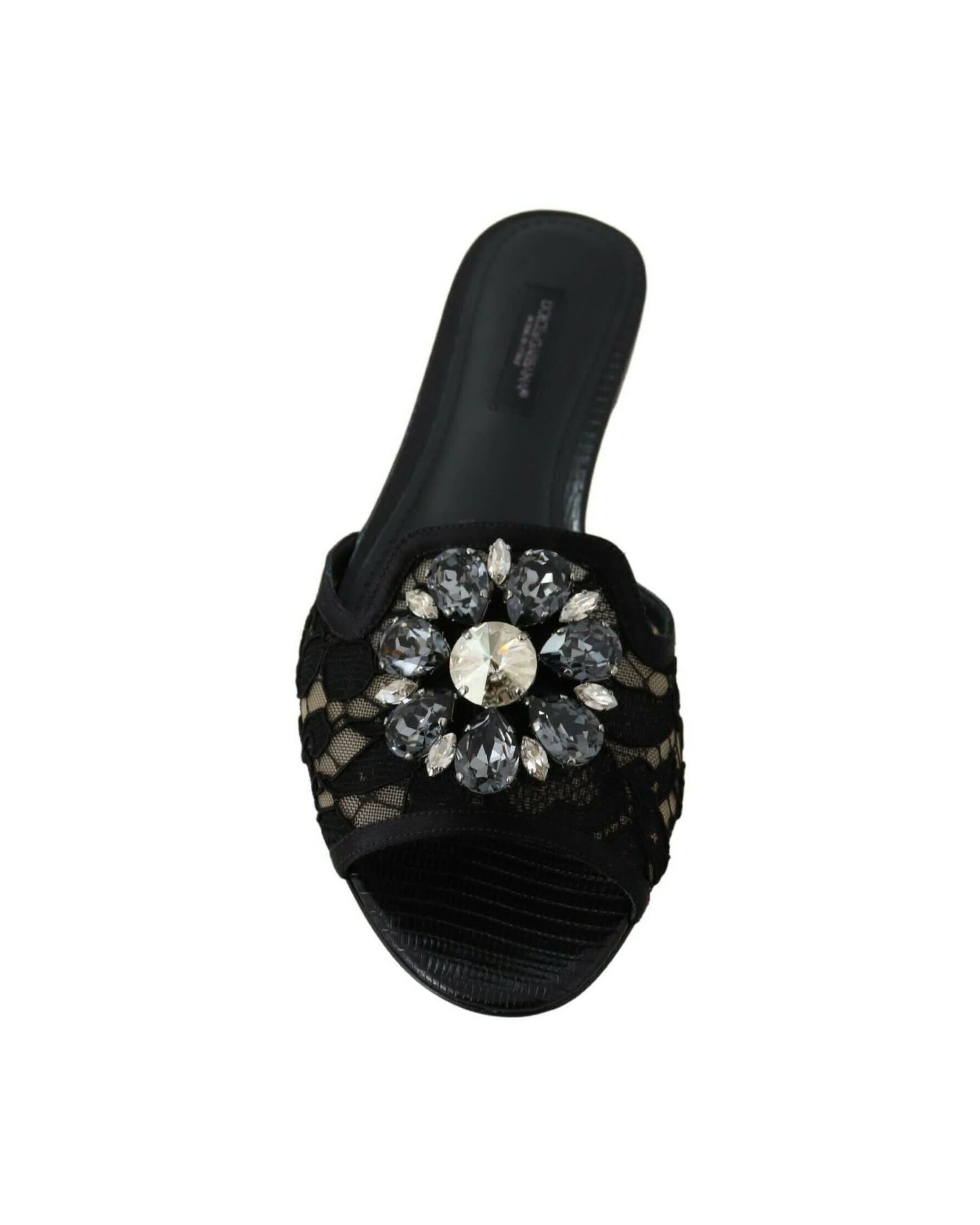 Dolce & Gabbana Black Lace Taormina Slides Crystals Flats Shoes Flats