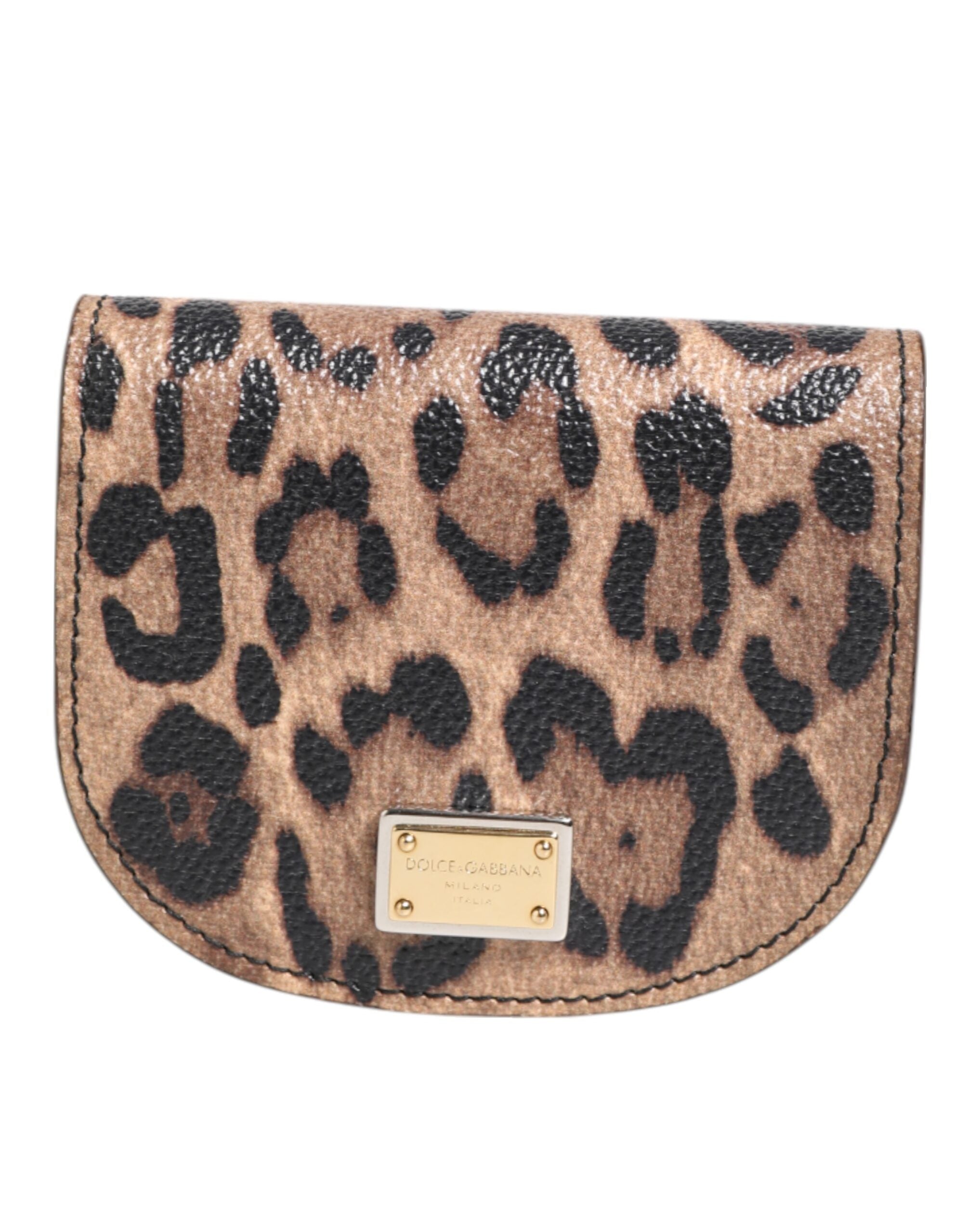 Dolce & Gabbana Black Leather Brown Calf Leopard Print Logo Plaque Wallet Glam Steals