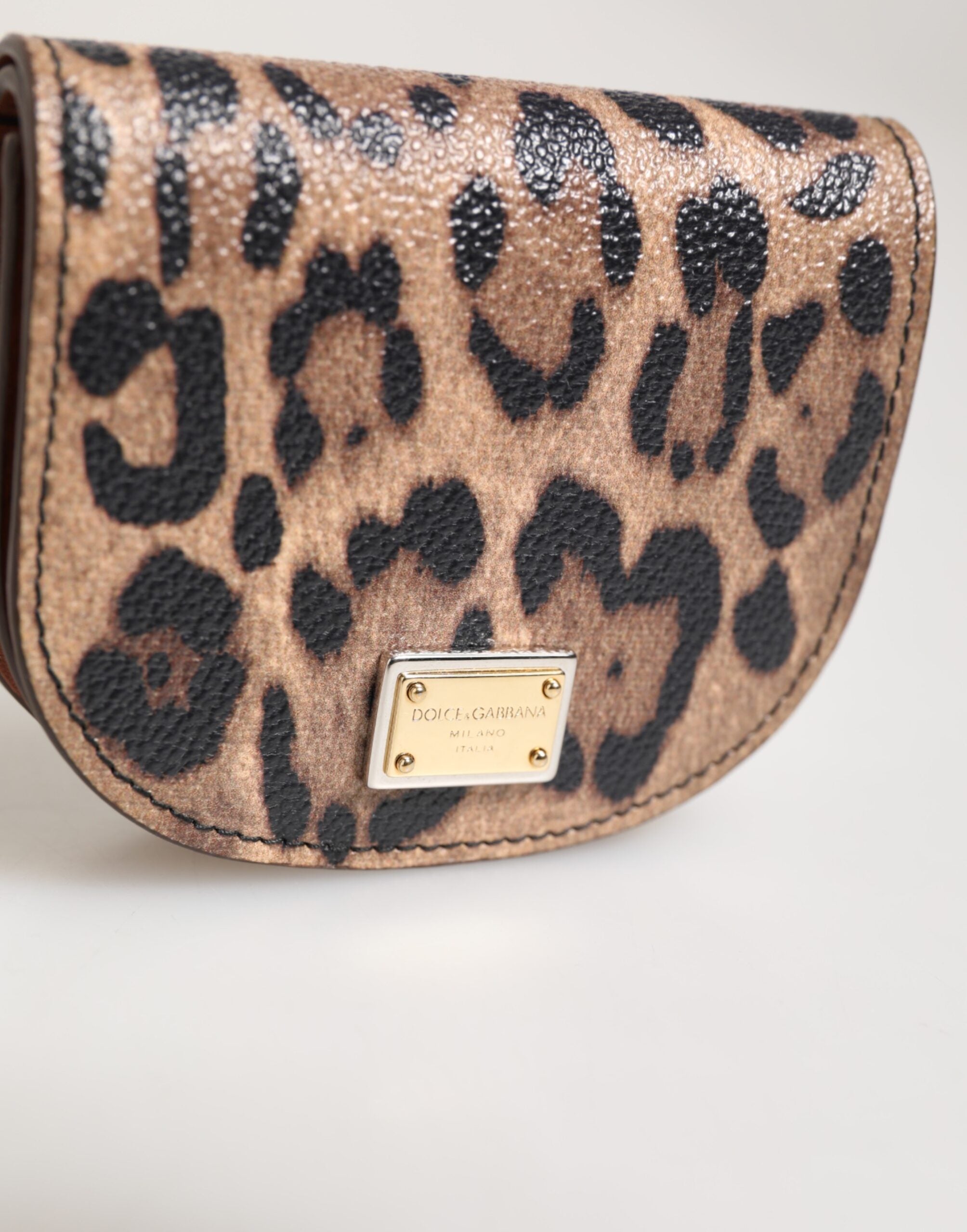 Dolce & Gabbana Black Leather Brown Calf Leopard Print Logo Plaque Wallet Glam Steals