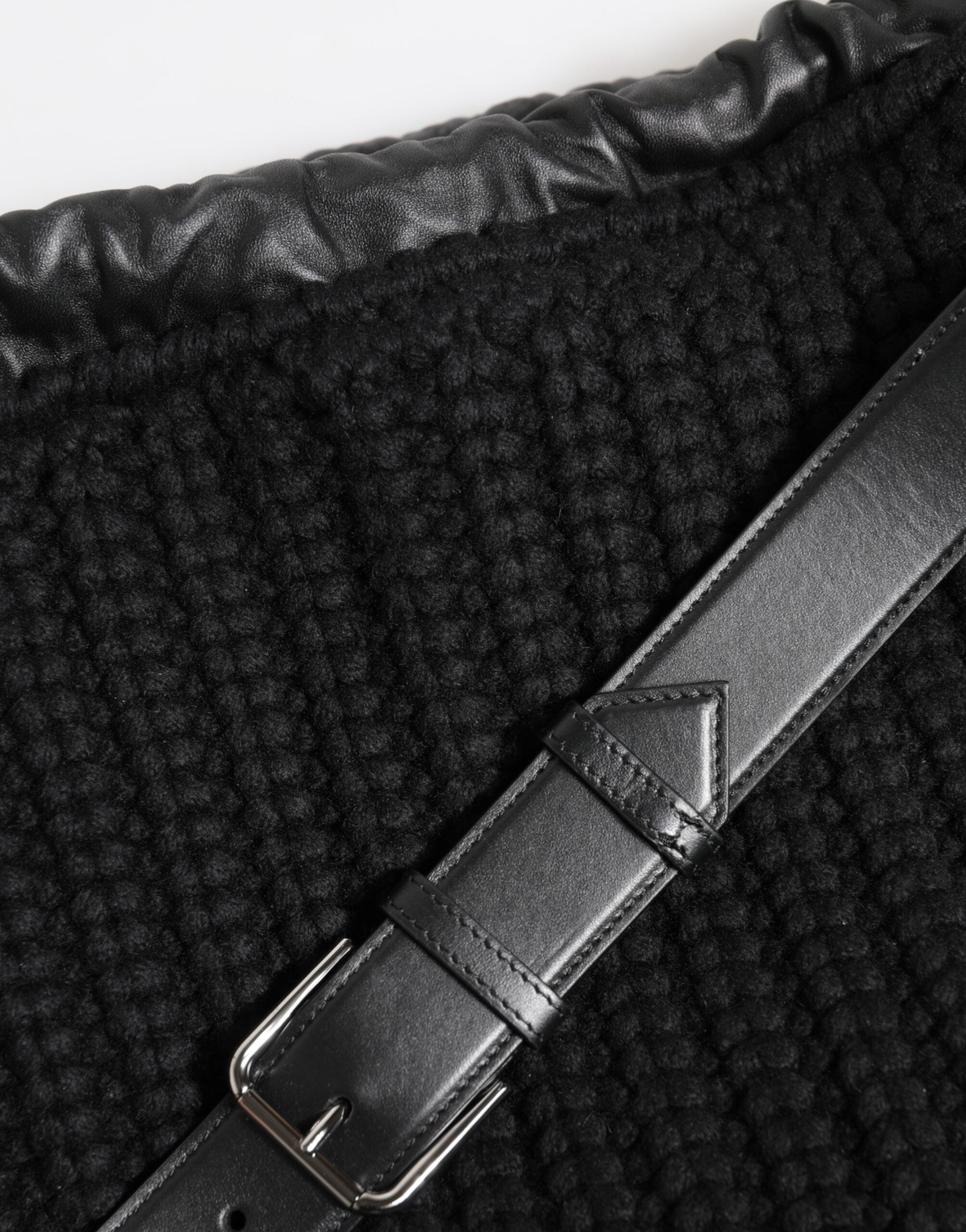Dolce & Gabbana Black Leather Cashmere Knitted Shoulder Women Borse Bag Glam Steals