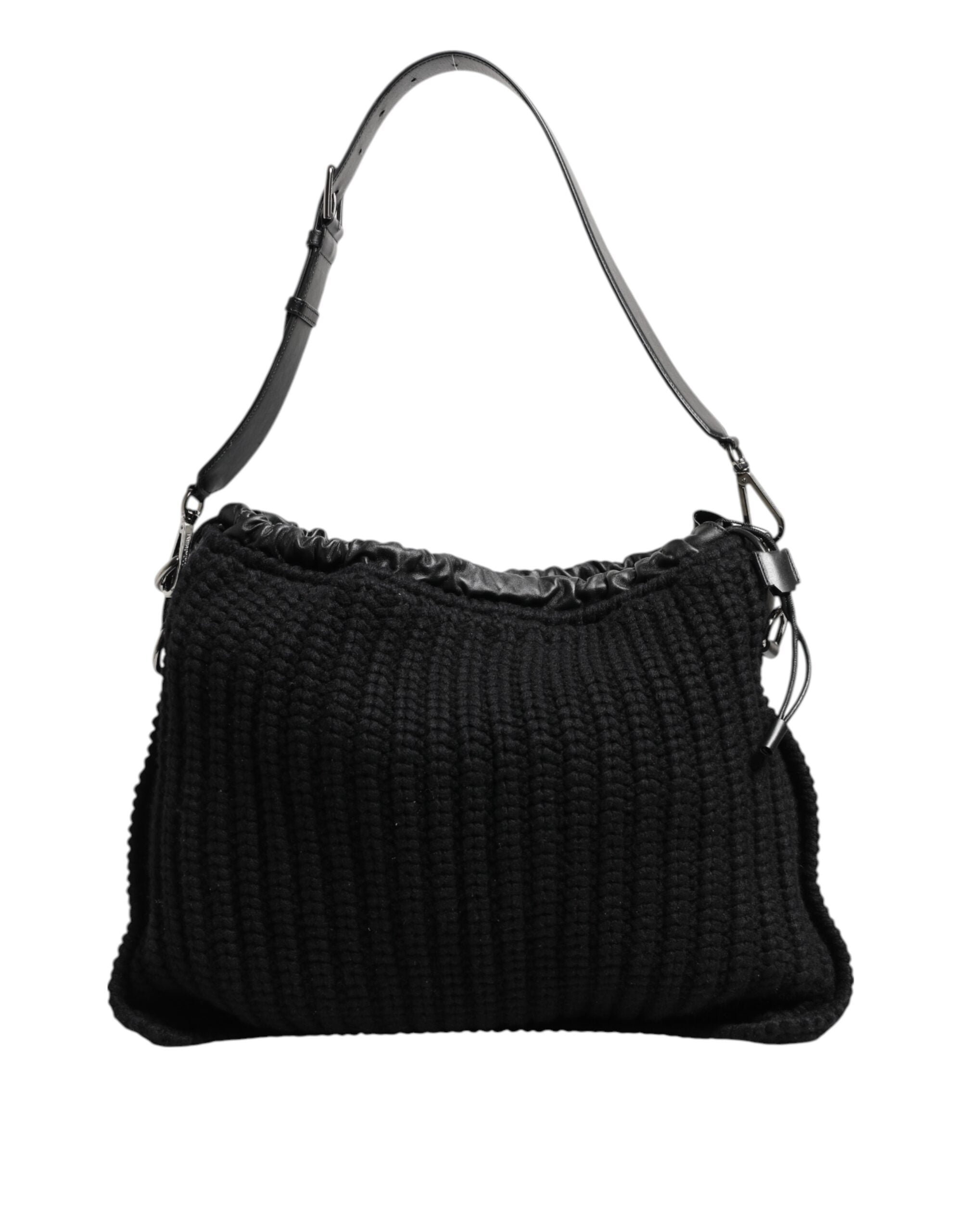 Dolce & Gabbana Black Leather Cashmere Knitted Shoulder Women Borse Bag Glam Steals