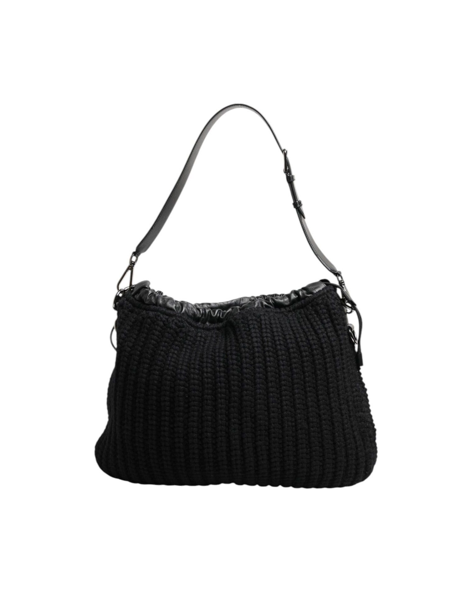 Dolce & Gabbana Black Leather Cashmere Knitted Shoulder Women Borse Bag Glam Steals