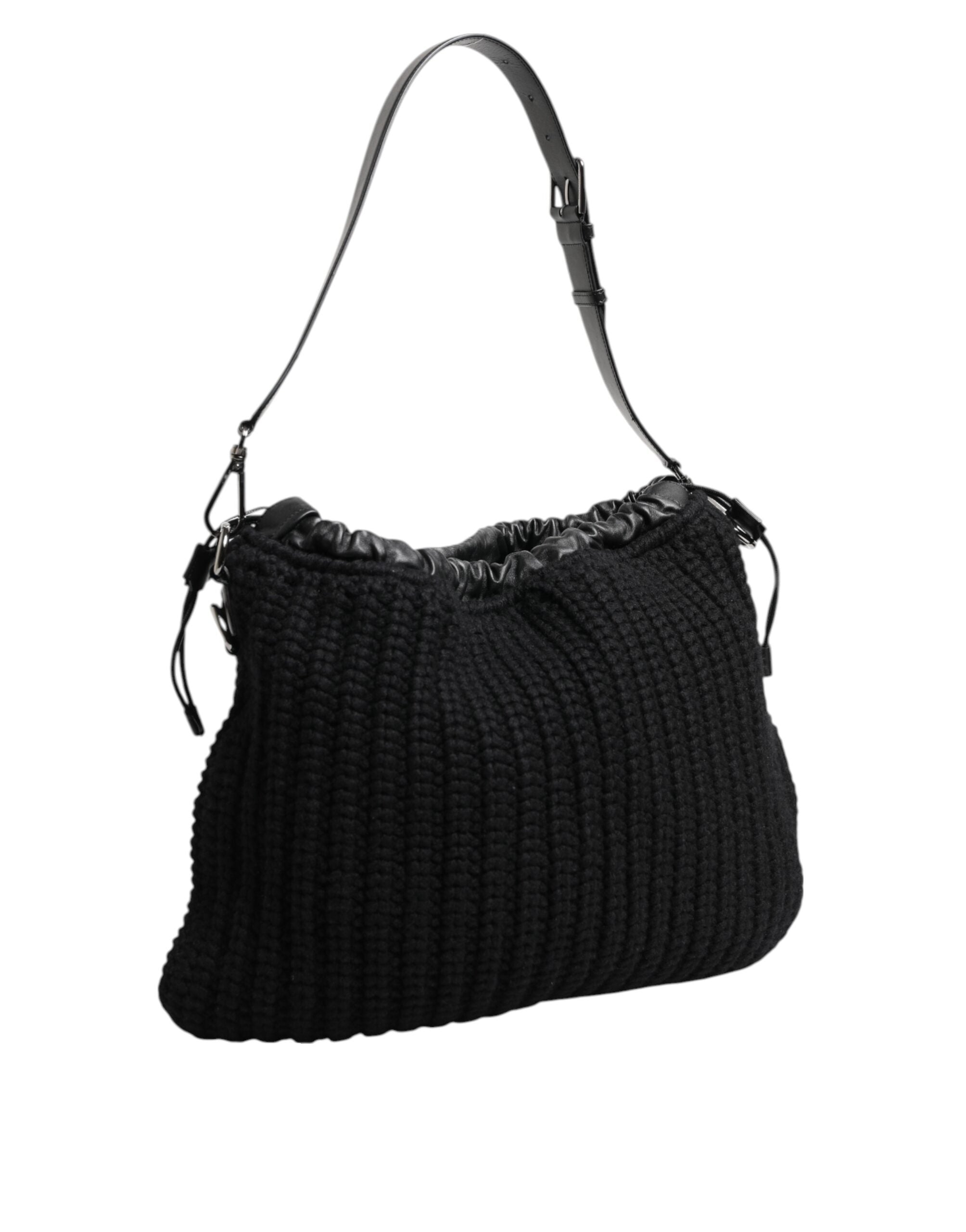Dolce & Gabbana Black Leather Cashmere Knitted Shoulder Women Borse Bag Glam Steals