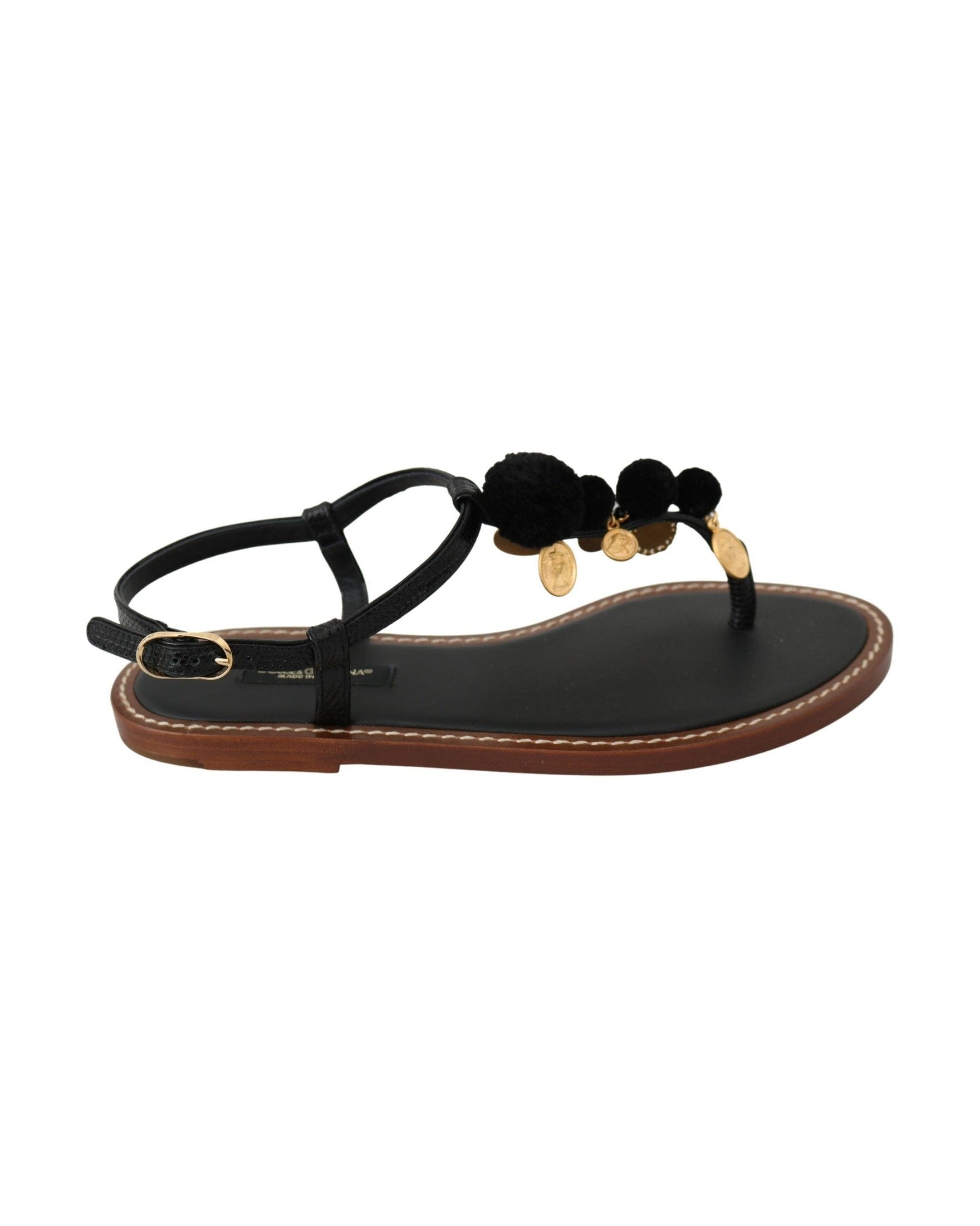 Dolce & Gabbana Black Leather Coins Flip Flops Sandals Shoes Sandals