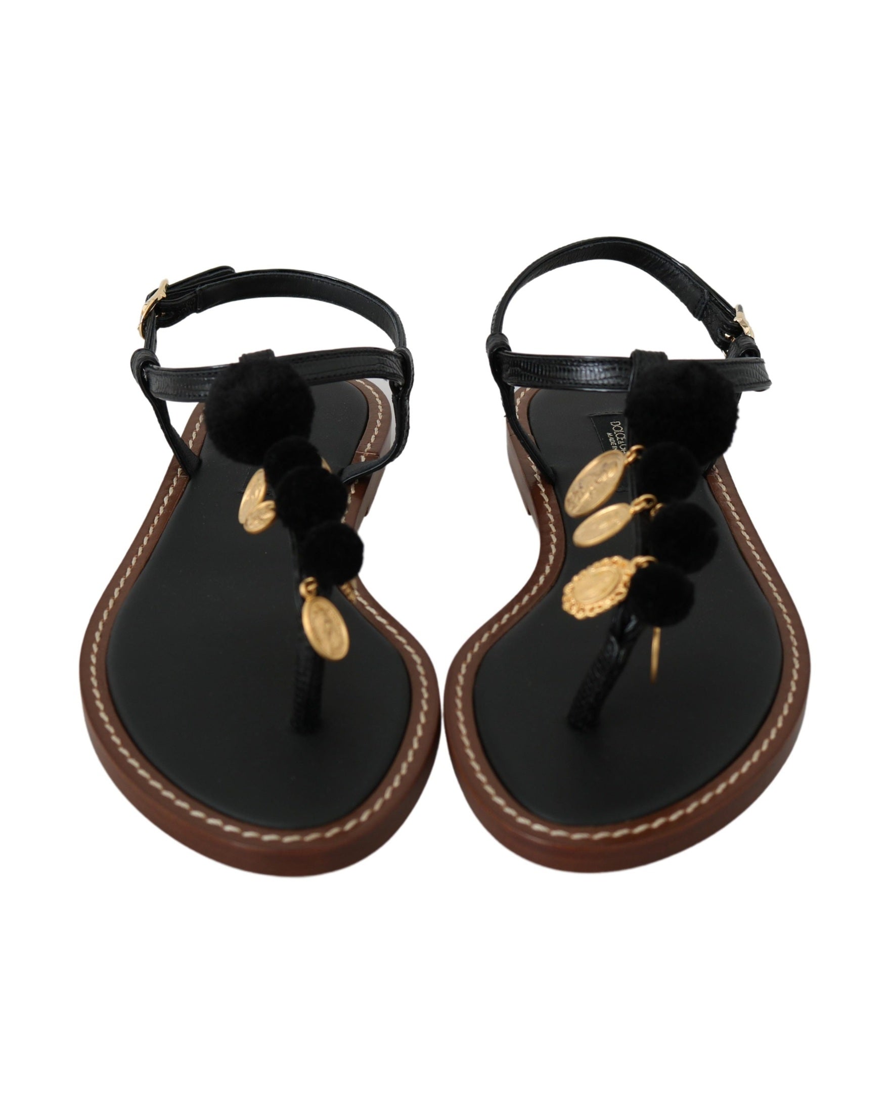 Dolce & Gabbana Black Leather Coins Flip Flops Sandals Shoes Glam Steals