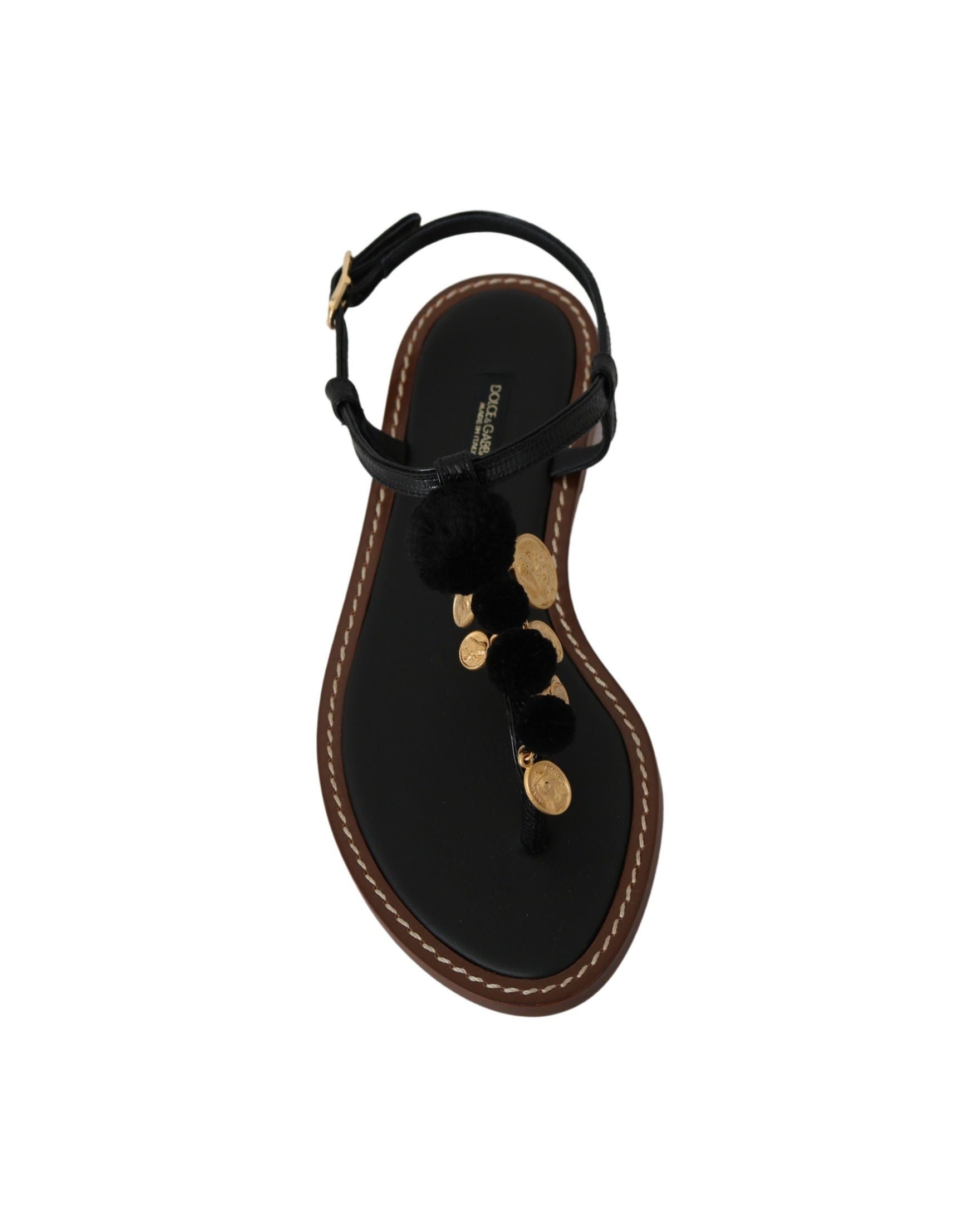 Dolce & Gabbana Black Leather Coins Flip Flops Sandals Shoes Glam Steals