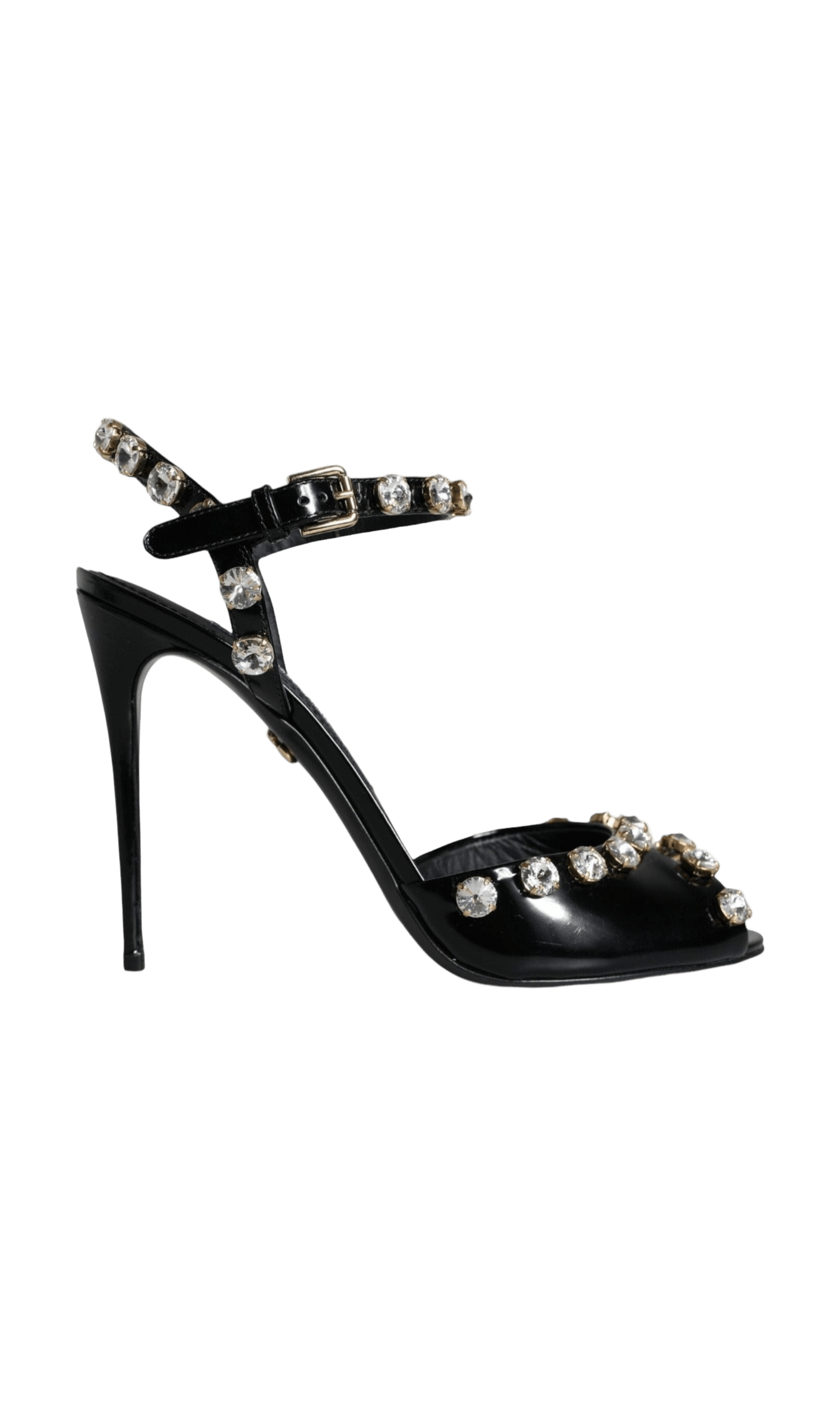 Dolce & Gabbana Black Leather Crystal Ankle Strap Sandals Shoes Glam Steals