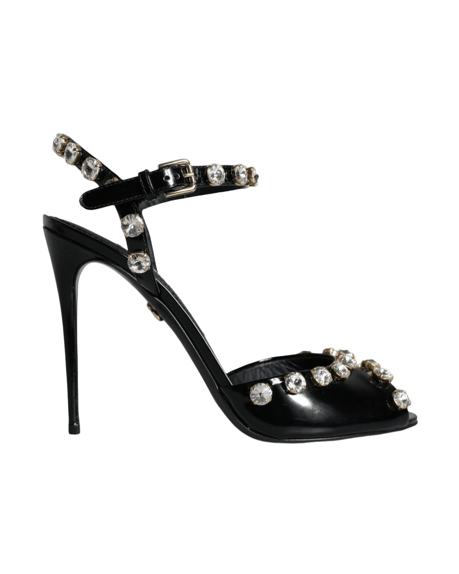 Dolce & Gabbana Black Leather Crystal Ankle Strap Sandals Shoes Heels
