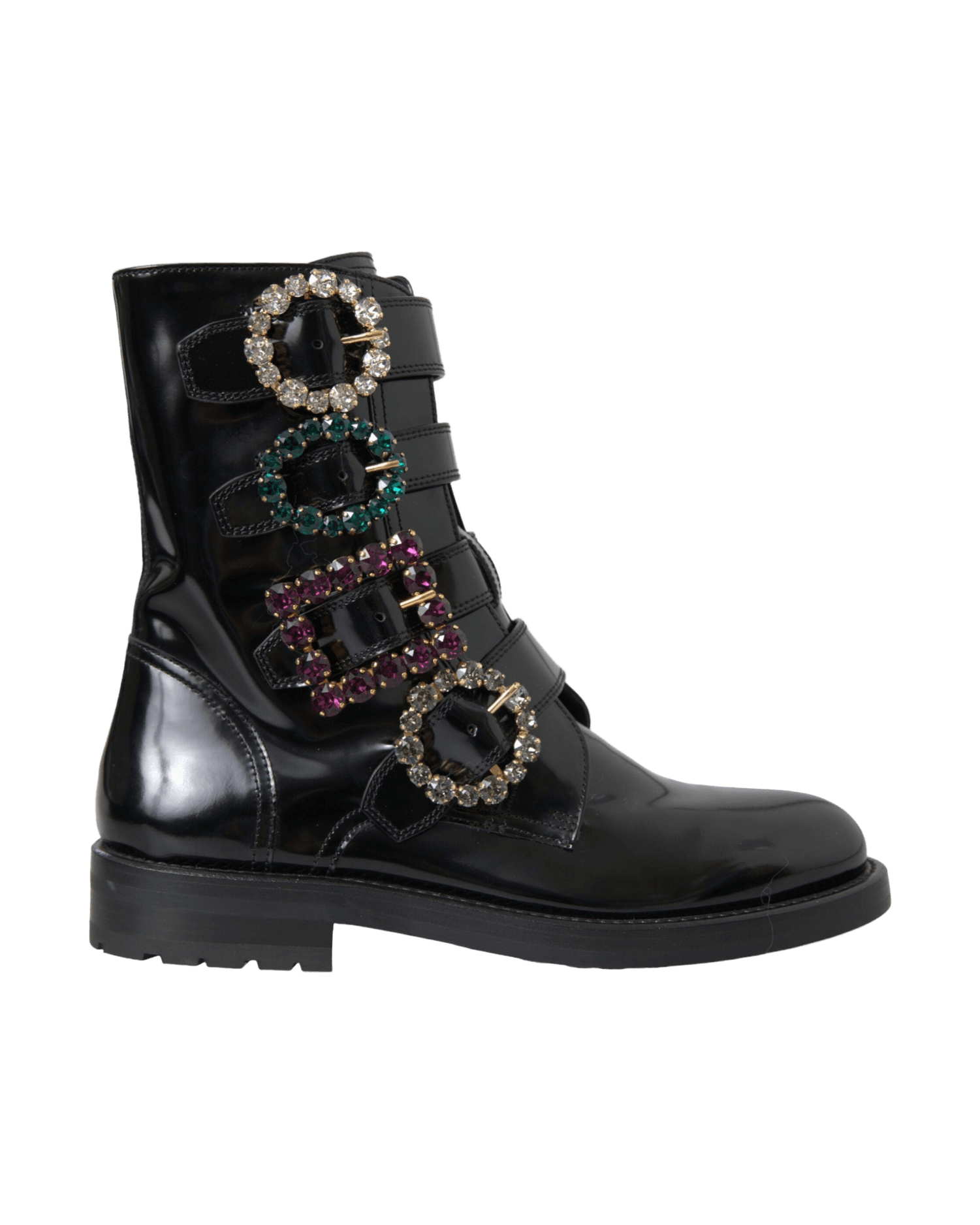 Dolce & Gabbana Black Leather Crystal Buckles Boots Shoes Boots