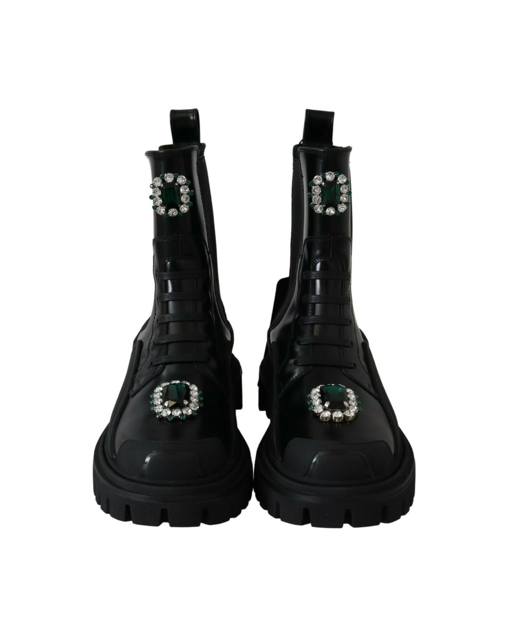 Dolce & Gabbana Black Leather Crystal Combat Boots Boots