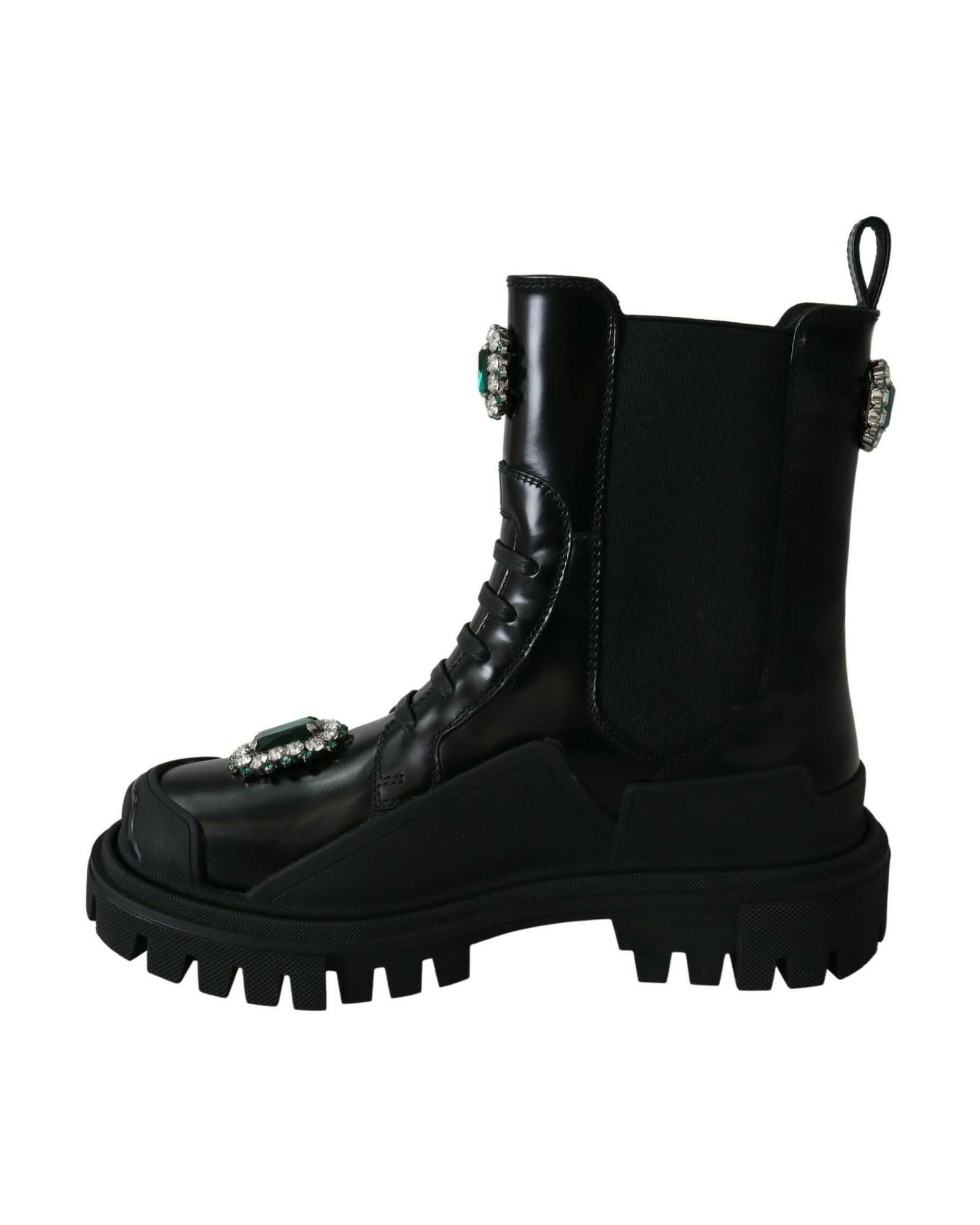 Dolce & Gabbana Black Leather Crystal Combat Boots Boots