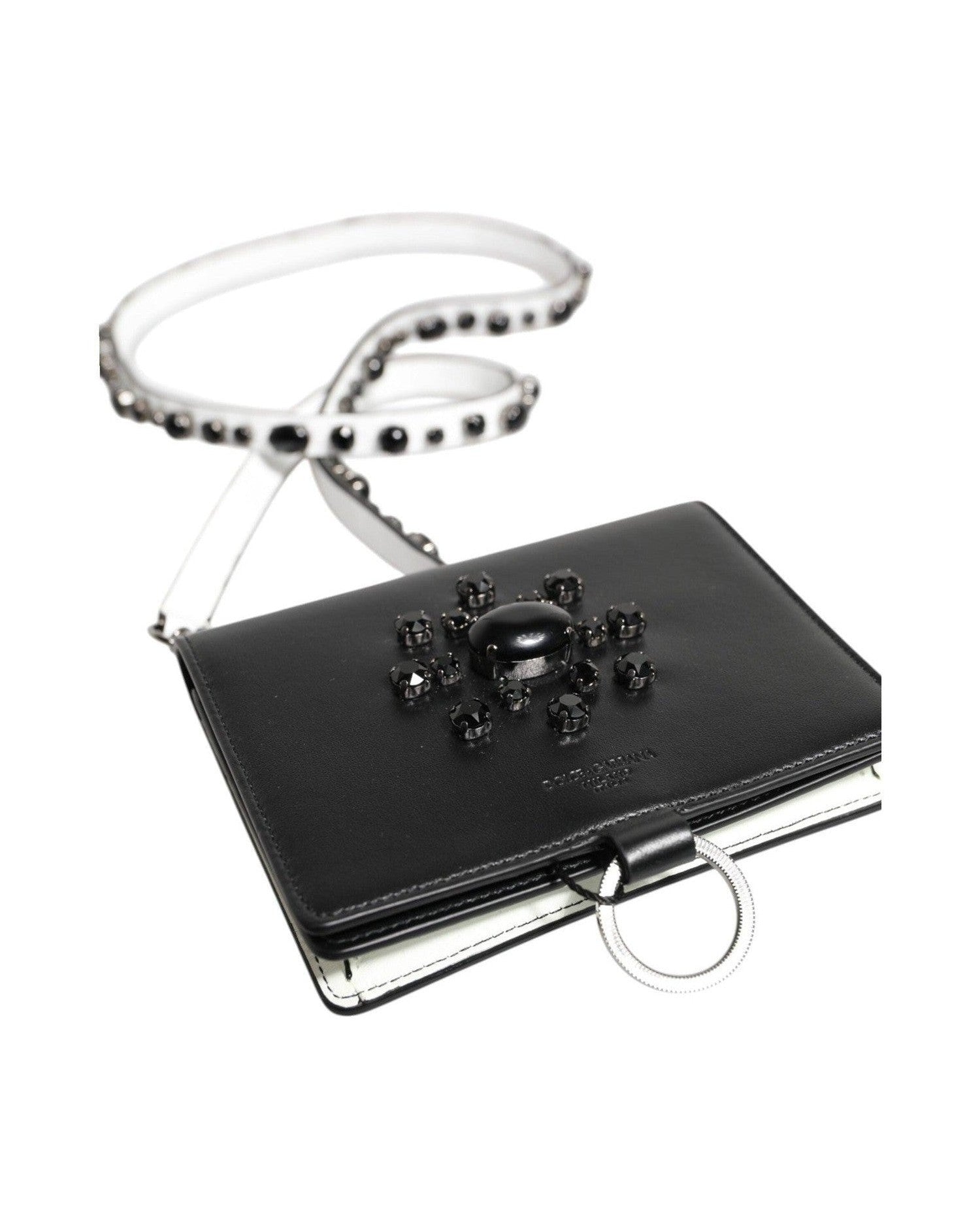 Dolce & Gabbana Black Leather Crystal Embellished Card Holder Wallet Glam Steals