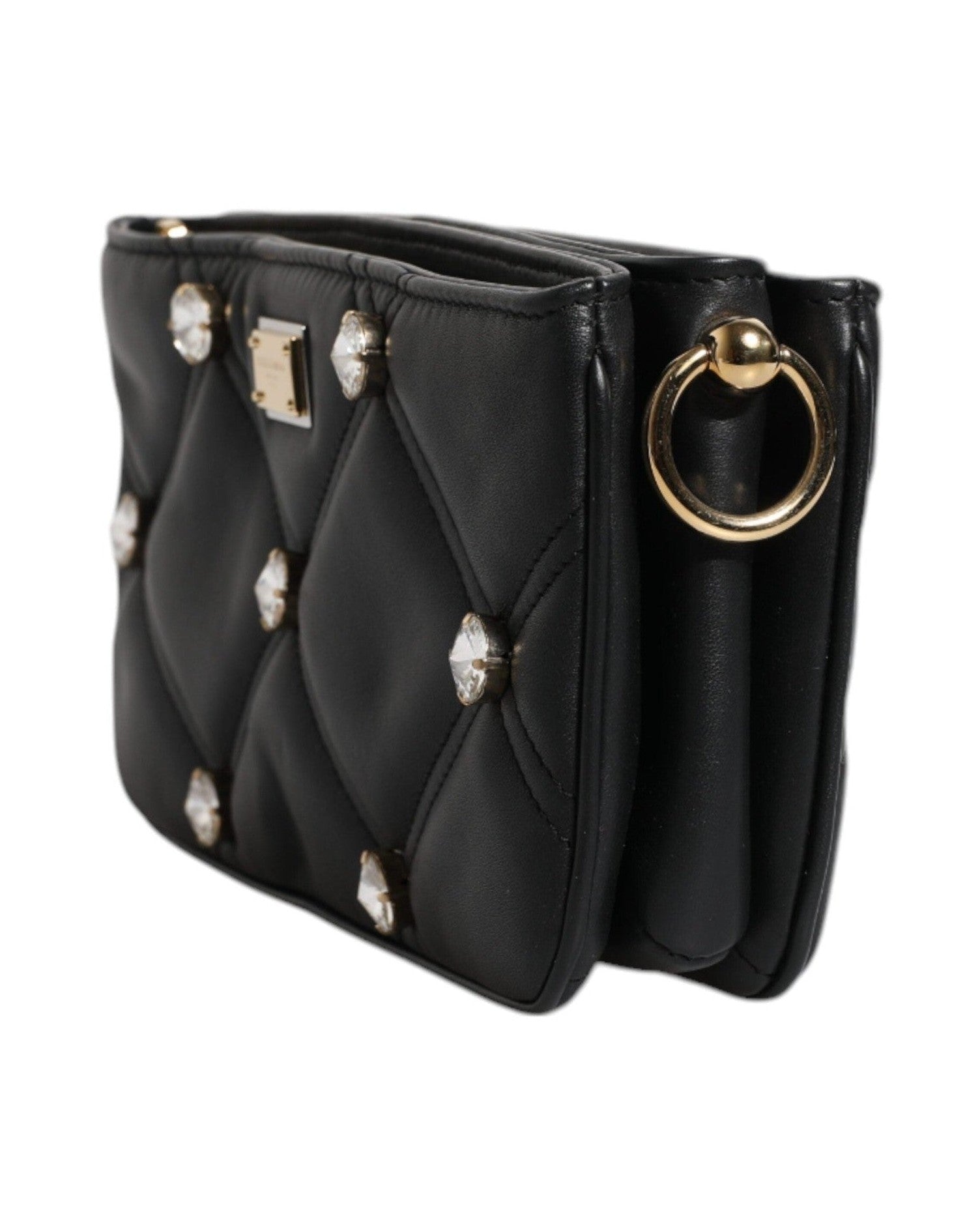 Dolce & Gabbana Leather Crystal Embellished Logo Shoulder Black Bag Glam Steals