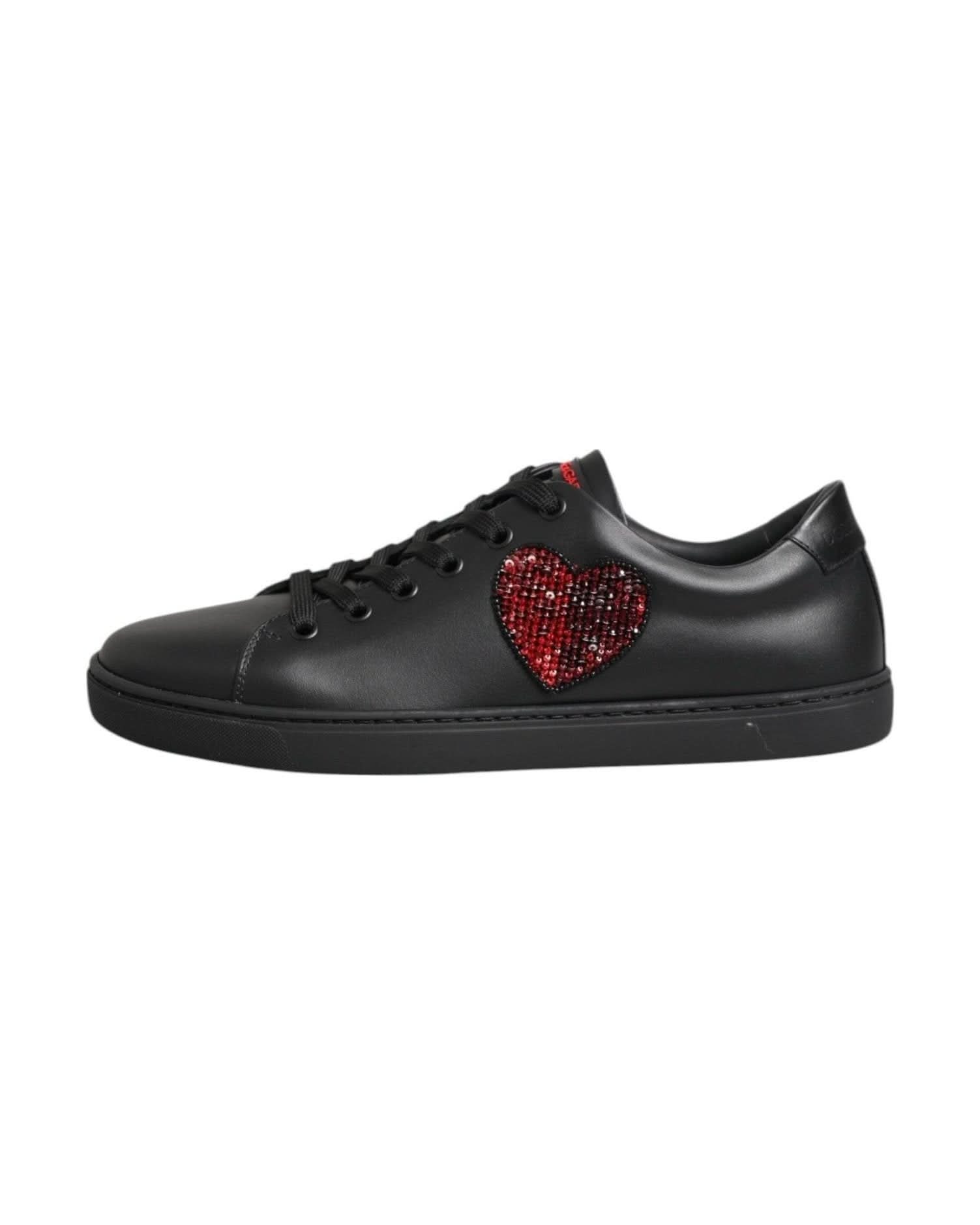 Dolce & Gabbana Black Leather Crystal Heart Low Top Sneakers Shoes Shoes
