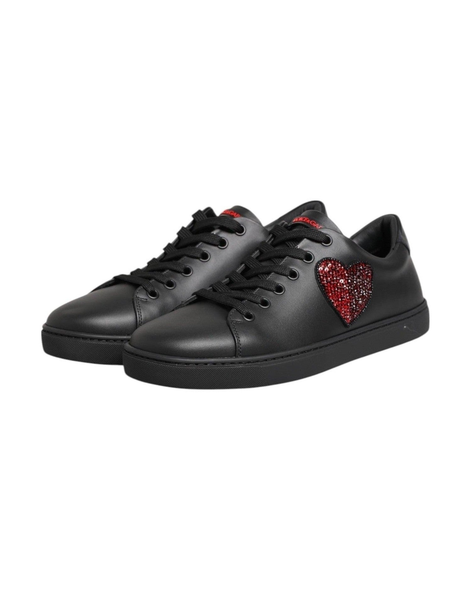 Dolce & Gabbana Black Leather Crystal Heart Low Top Sneakers Shoes Glam Steals