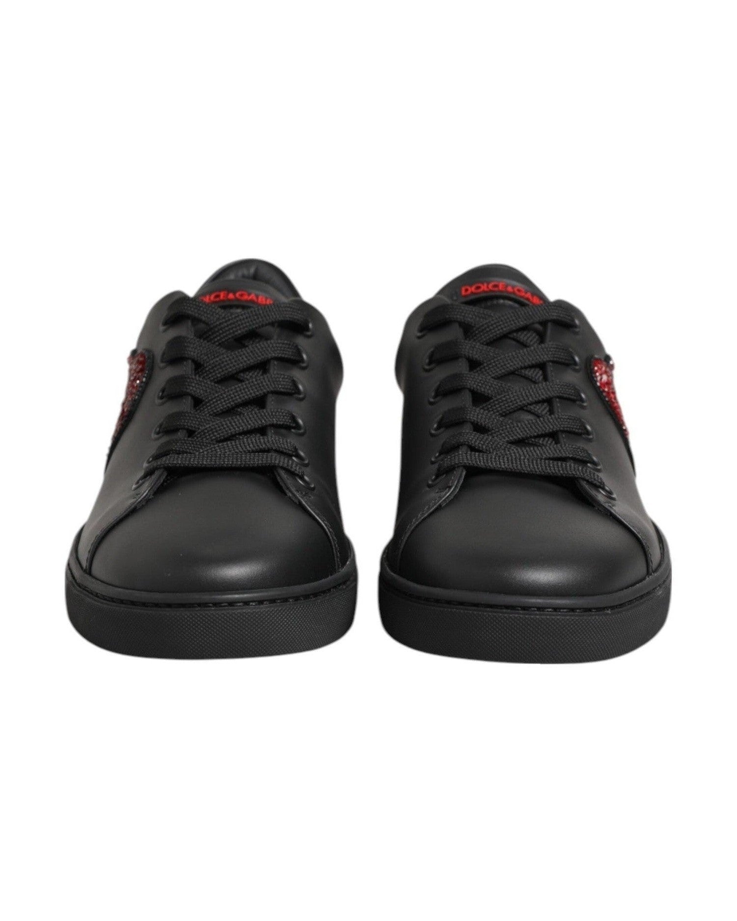 Dolce & Gabbana Black Leather Crystal Heart Low Top Sneakers Shoes Glam Steals