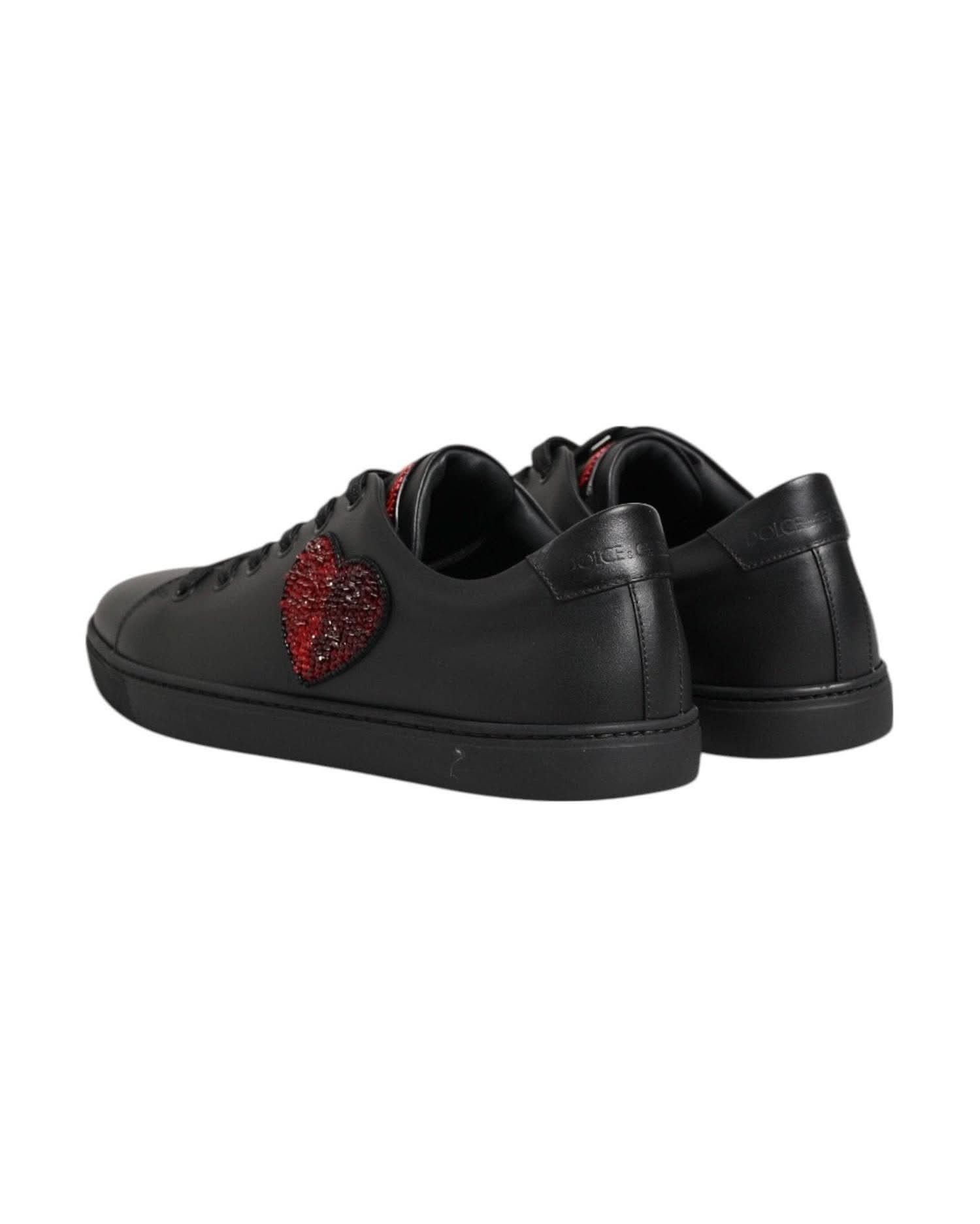 Dolce & Gabbana Black Leather Crystal Heart Low Top Sneakers Shoes Shoes