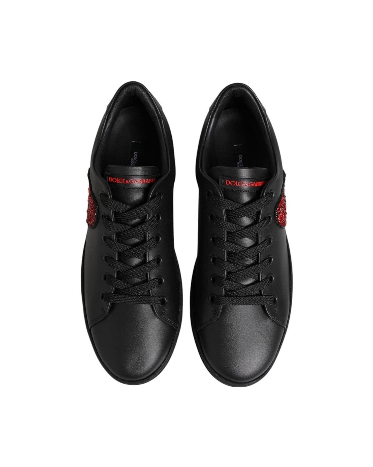 Dolce & Gabbana Black Leather Crystal Heart Low Top Sneakers Shoes Glam Steals