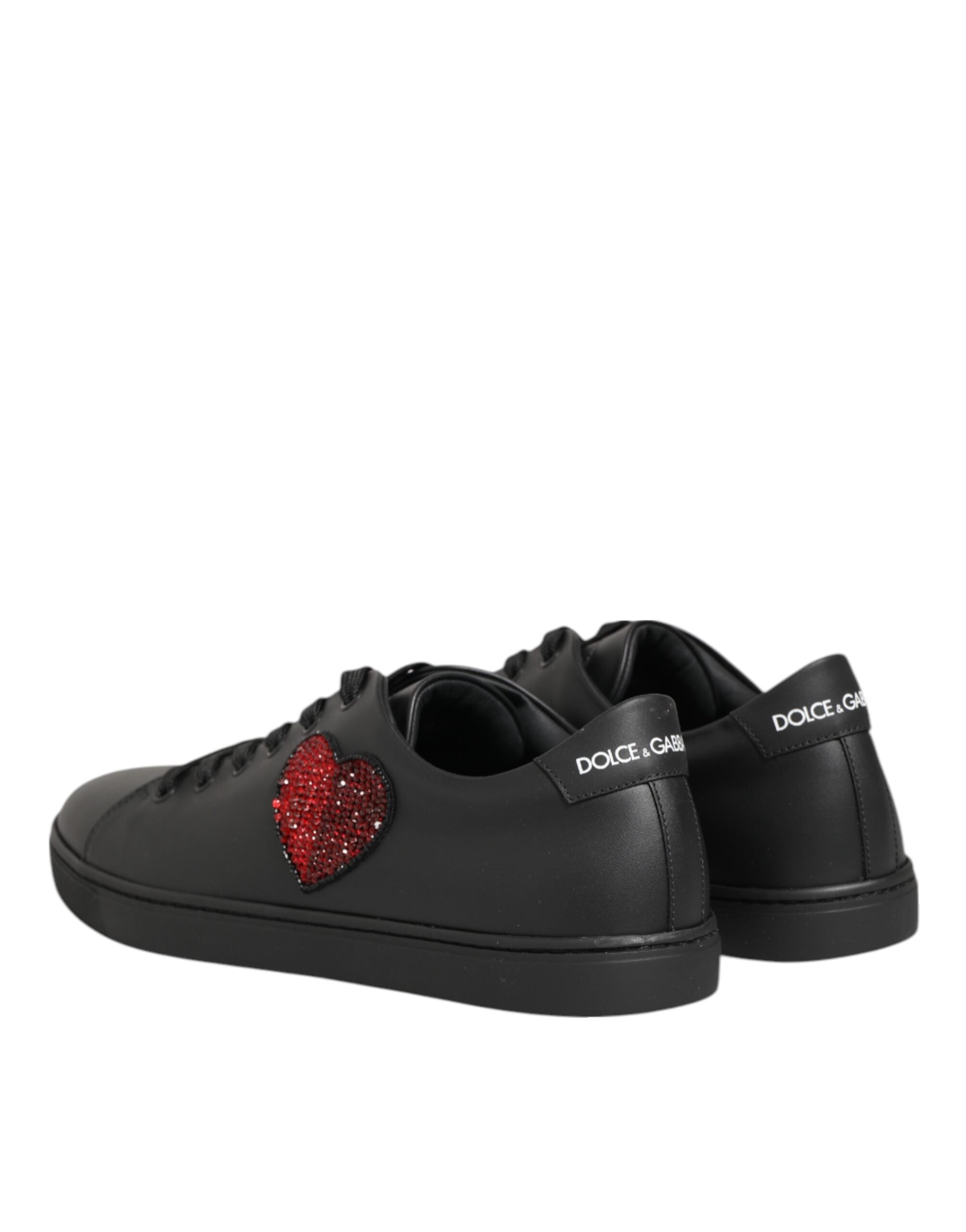 Dolce & Gabbana Black Leather Crystal Heart Sneakers Shoes Glam Steals