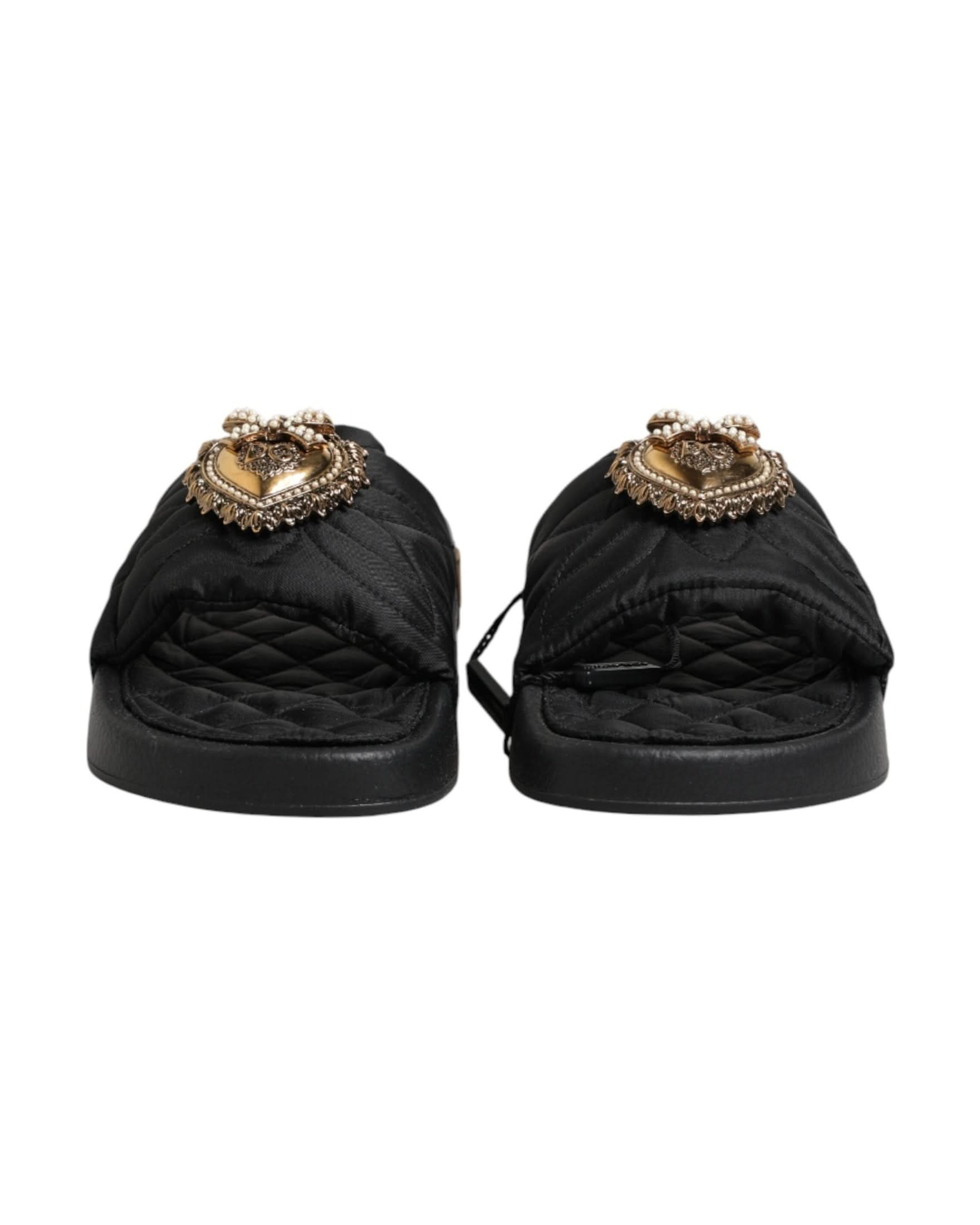Dolce & Gabbana Black Leather Devotion Matelassé Slides Shoes Sandals
