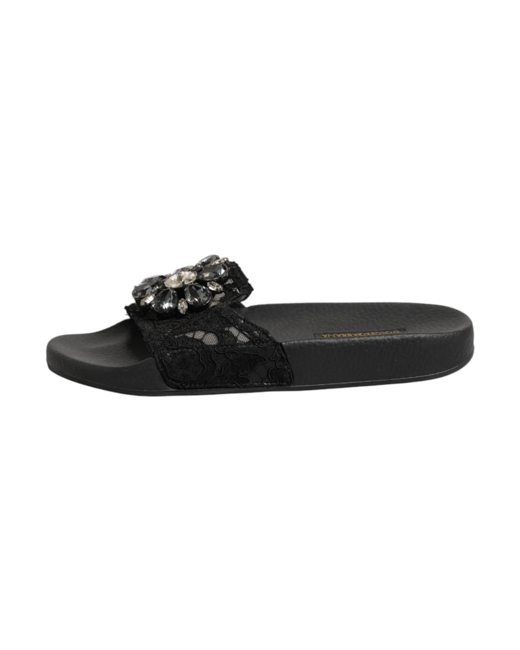 Dolce & Gabbana Black Leather Devotion Matelassé Slides Shoes Sandals