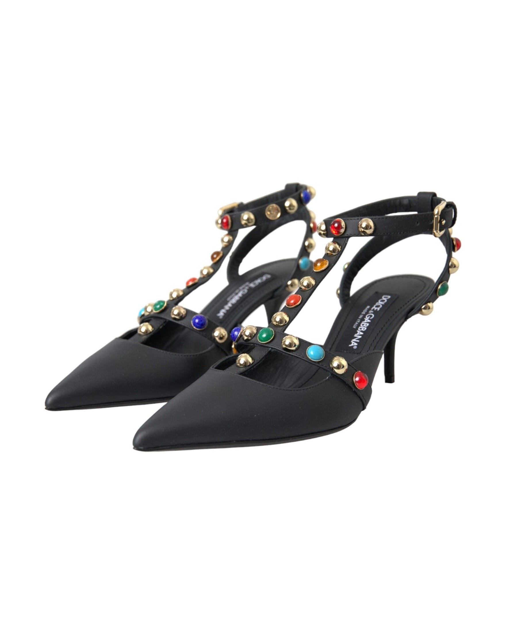 Dolce & Gabbana Black Leather Embellished Heels Sandal Shoes Glam Steals
