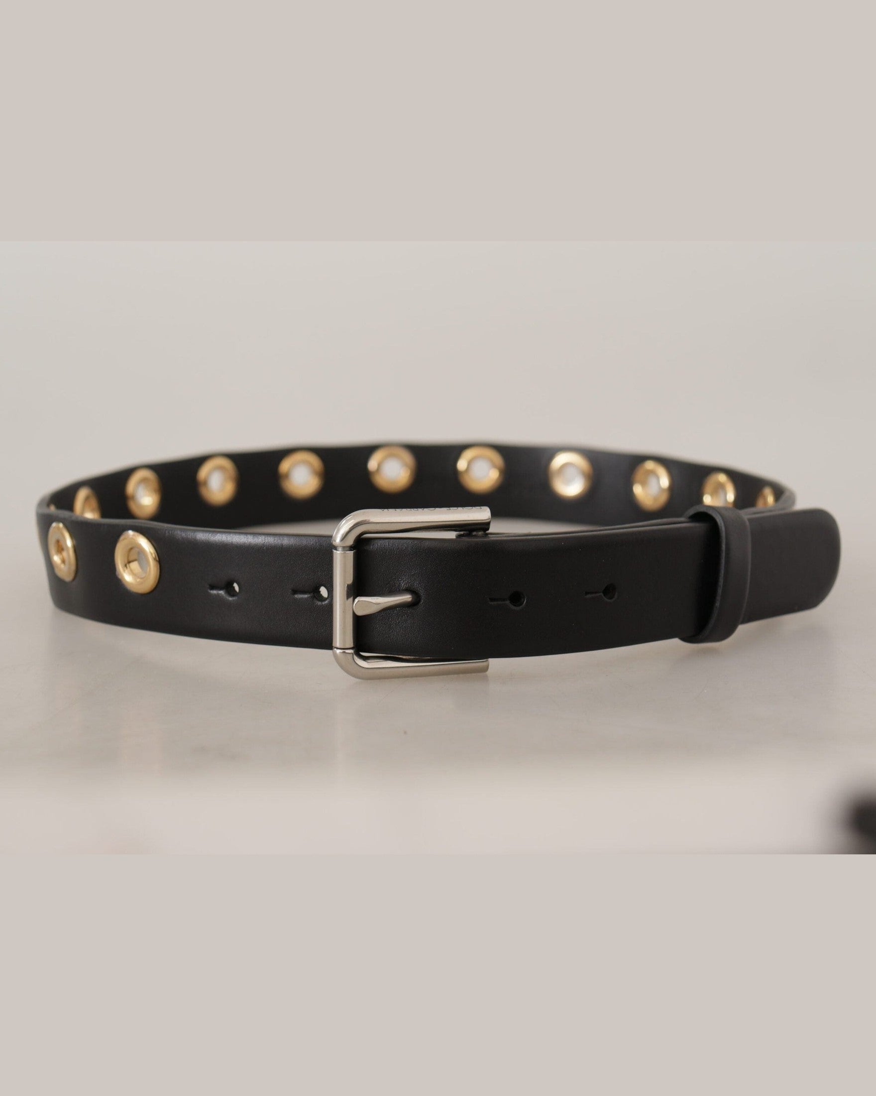 Dolce & Gabbana Black Leather Eyelet Silver Tone Metal Buckle Belt Belts