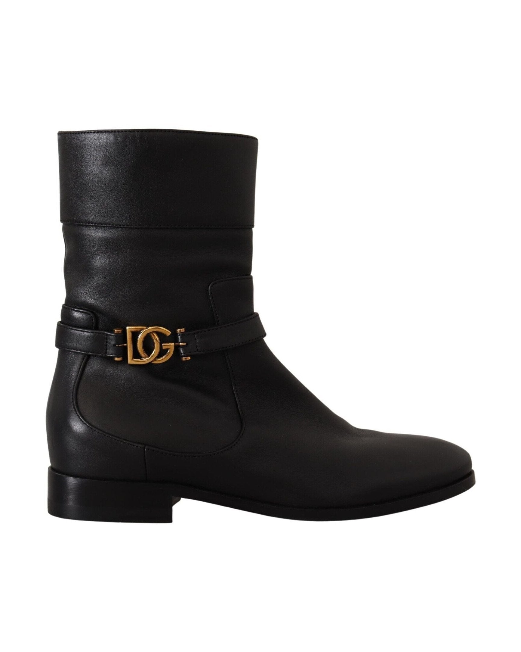 Dolce & Gabbana Black Leather Flats Logo Short Boots Glam Steals