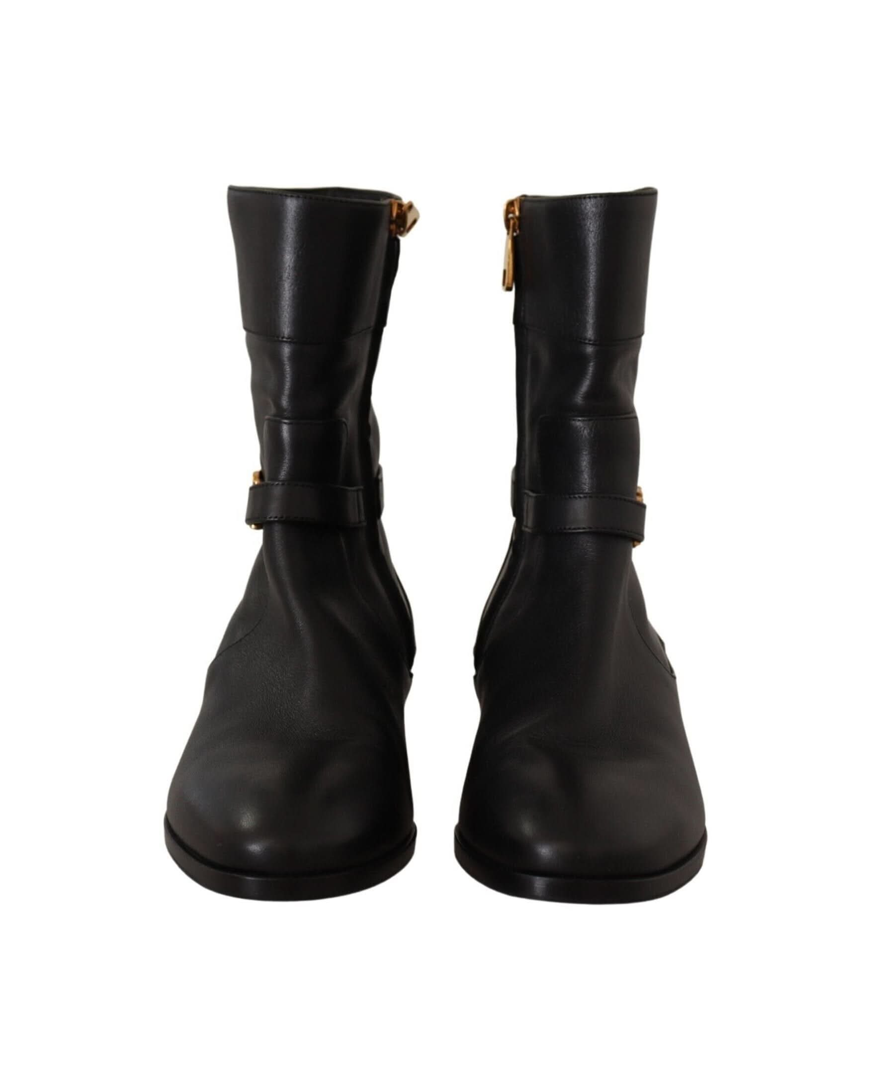 Dolce & Gabbana Black Leather Flats Logo Short Boots Boots