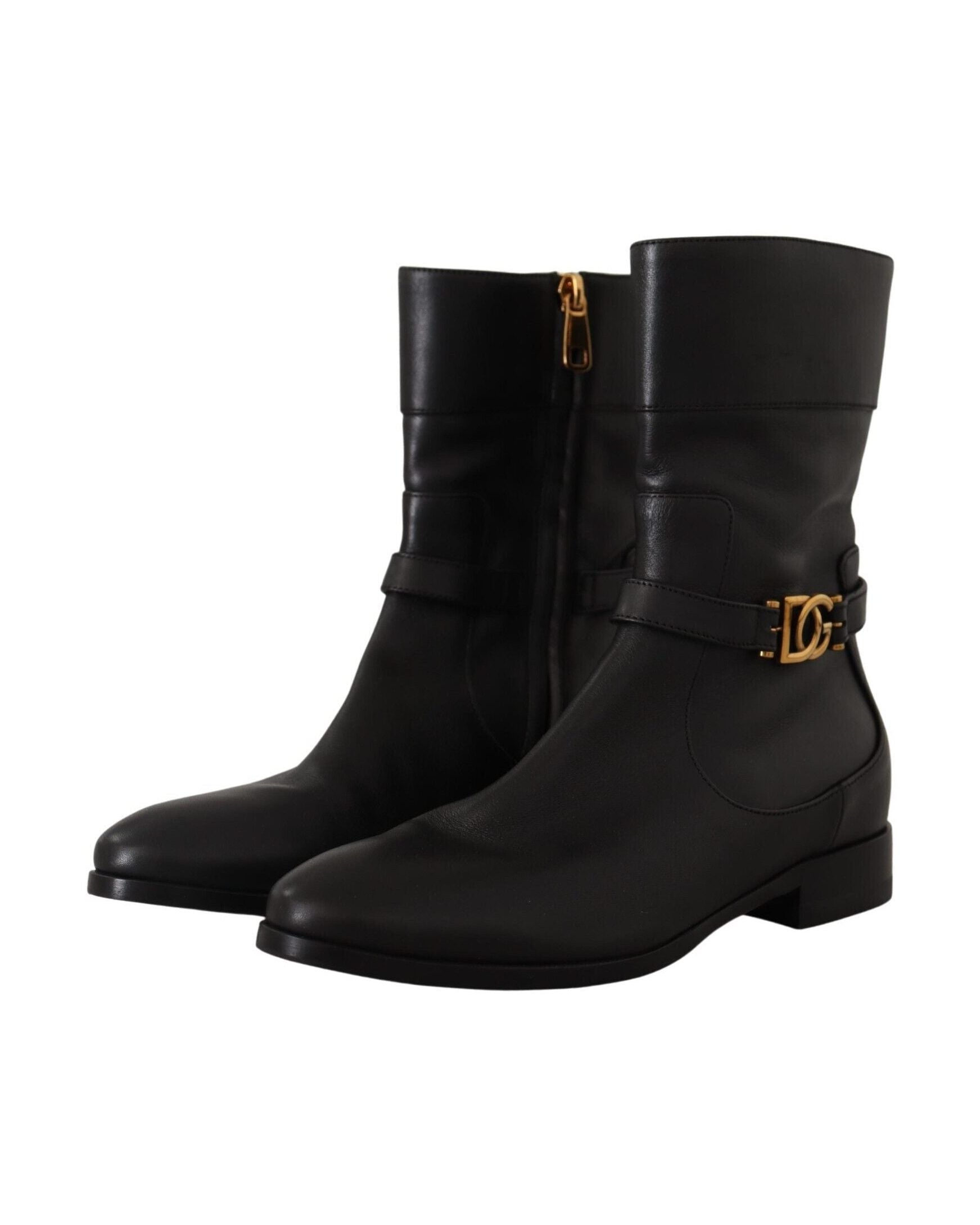 Dolce & Gabbana Black Leather Flats Logo Short Boots Glam Steals