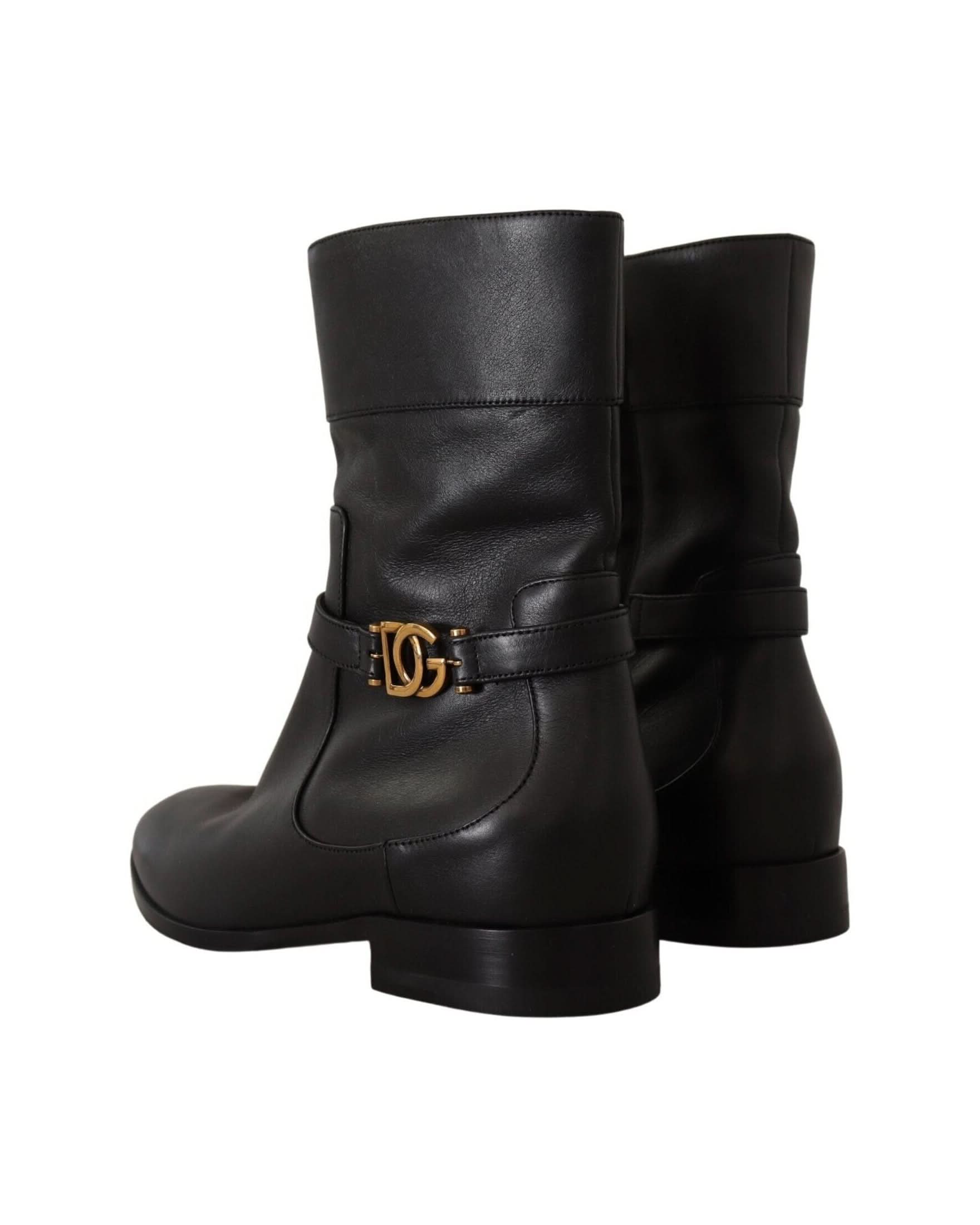 Dolce & Gabbana Black Leather Flats Logo Short Boots Boots