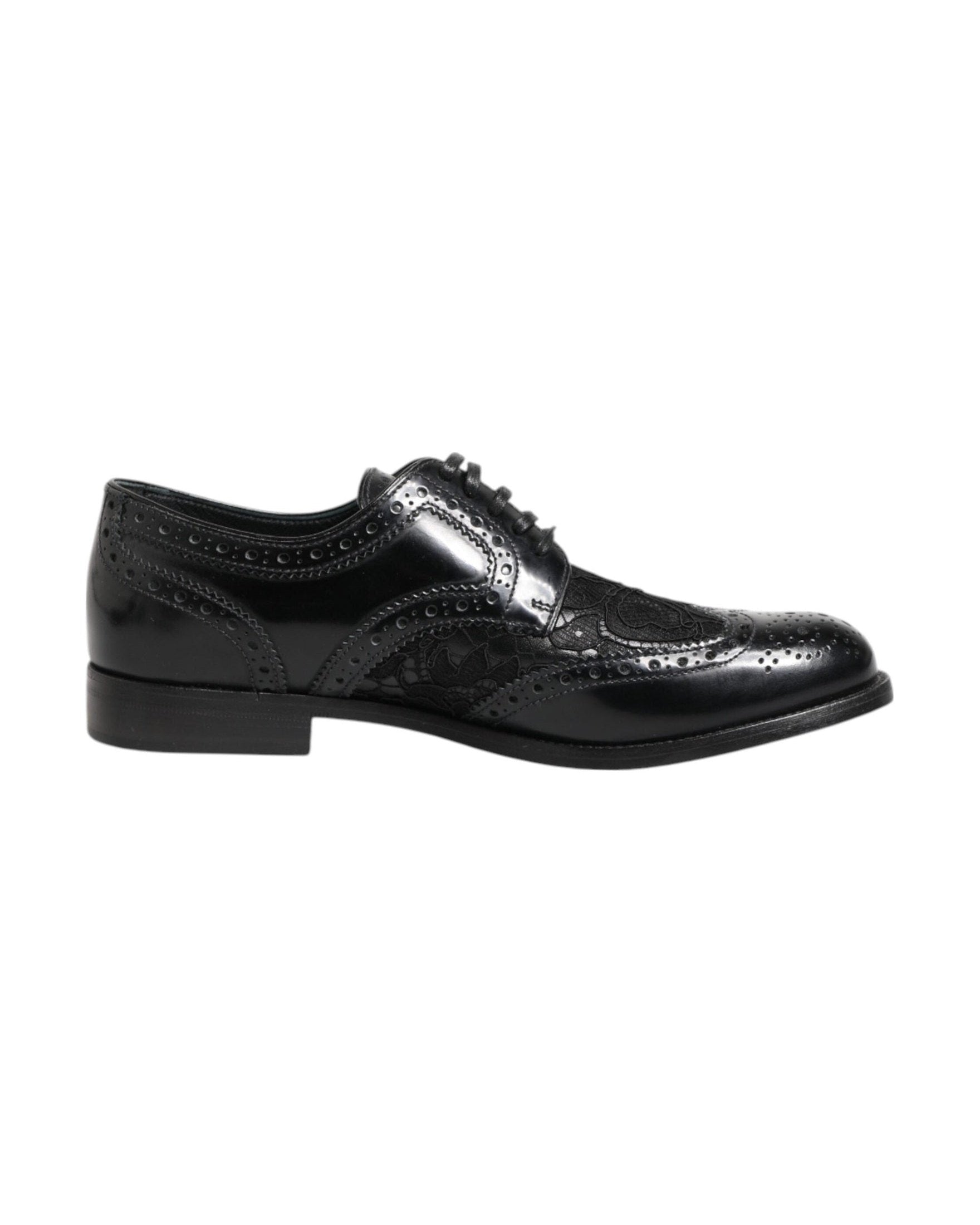 Dolce & Gabbana Black Leather Floral Lace Dress Formal Shoes Shoes