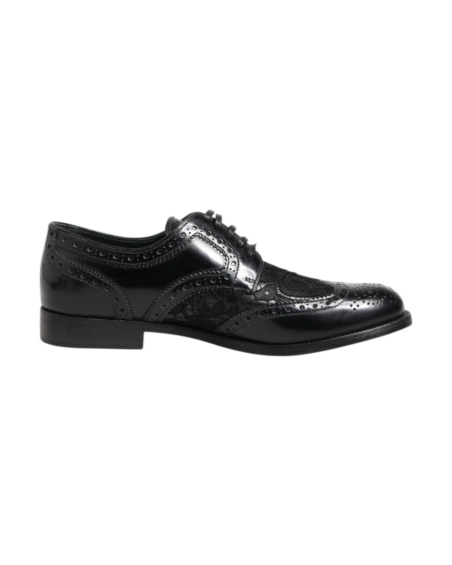 Dolce & Gabbana Black Leather Floral Lace Dress Formal Shoes Shoes