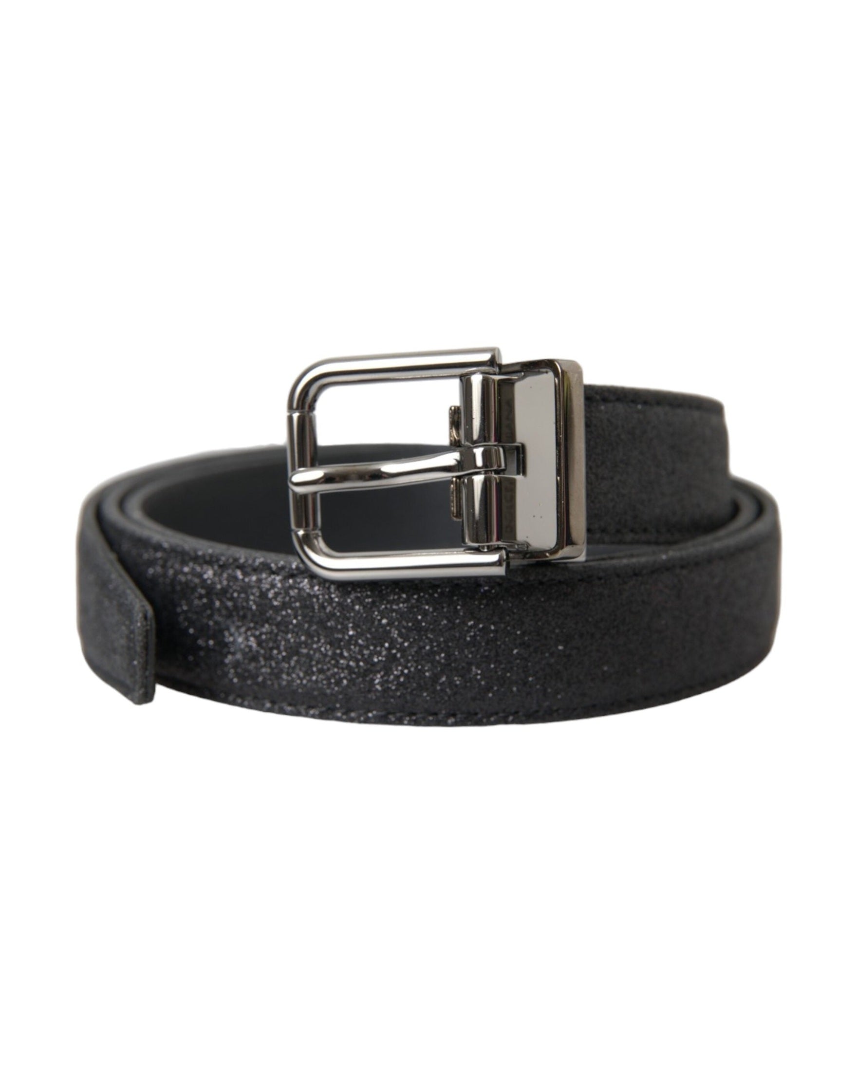 Dolce & Gabbana Black Leather Glittered Silver Buckle Belt Belts