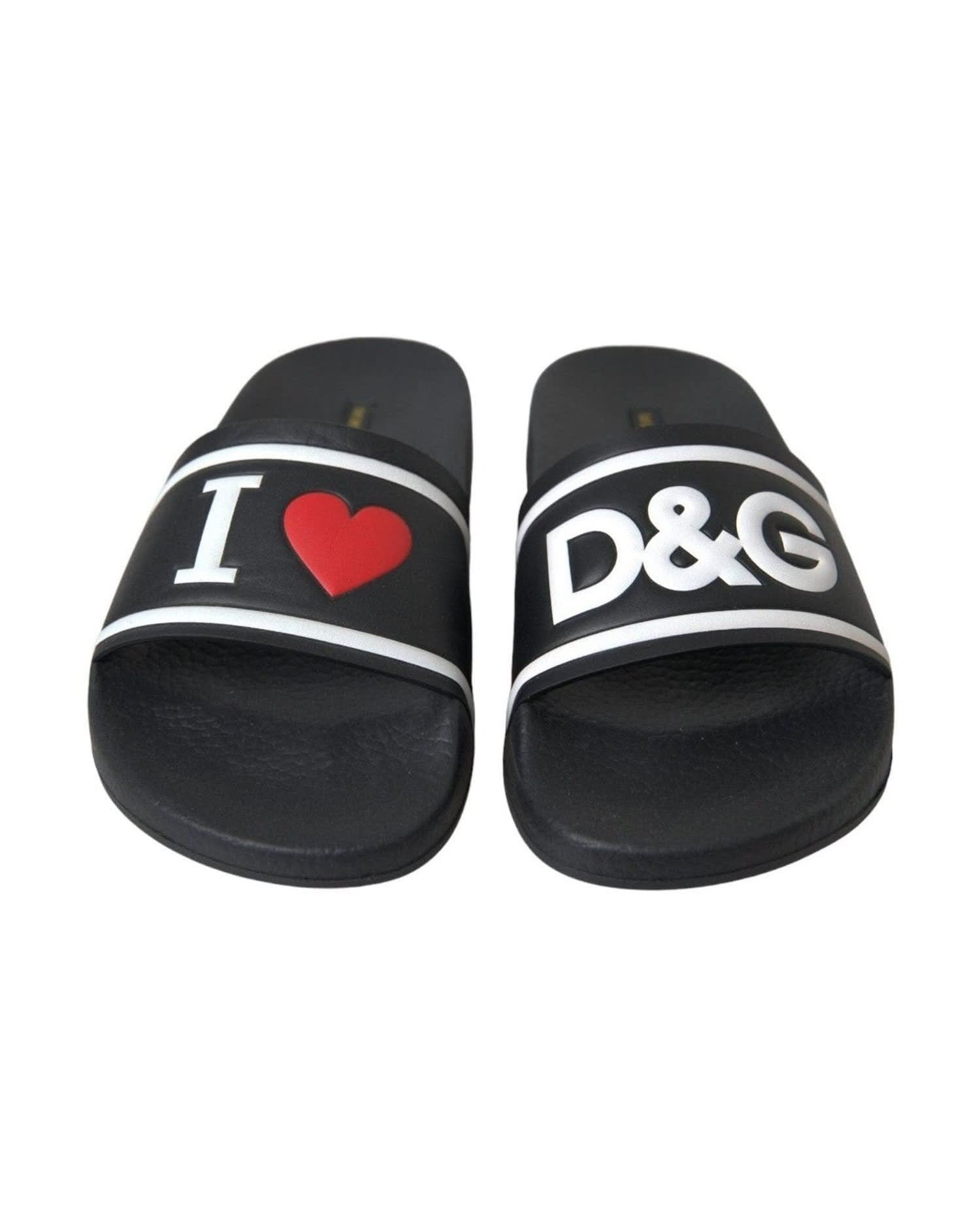 Dolce & Gabbana Black Leather I Love Dg Sandals Slides Shoes Flats