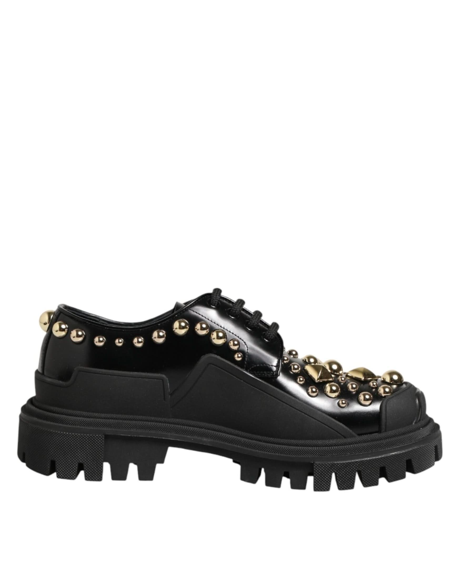 Dolce & Gabbana Black Leather Jeweled Crystals Derby Shoes Shoes