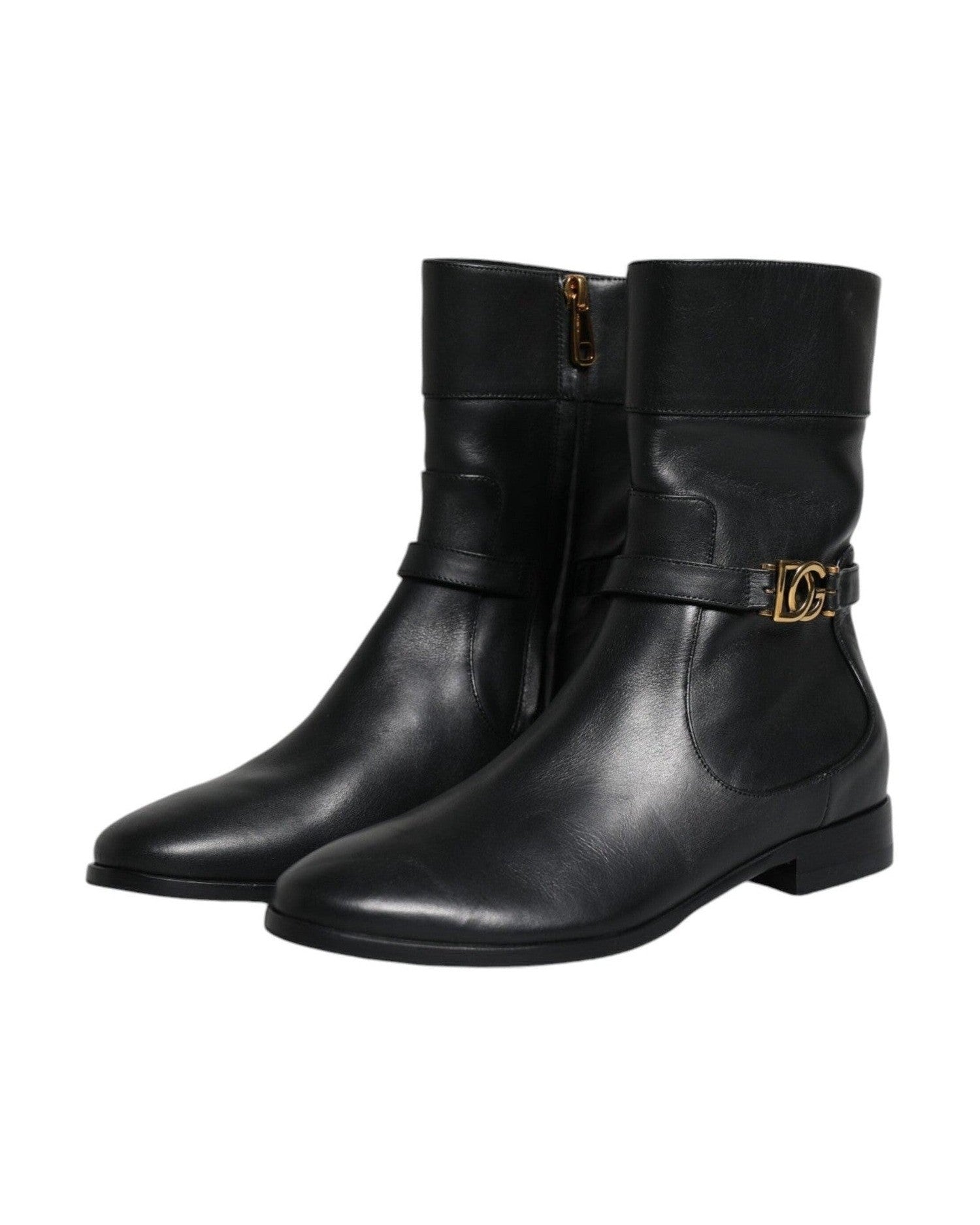 Dolce & Gabbana Black Leather Logo Mid Calf Boots Shoes Glam Steals
