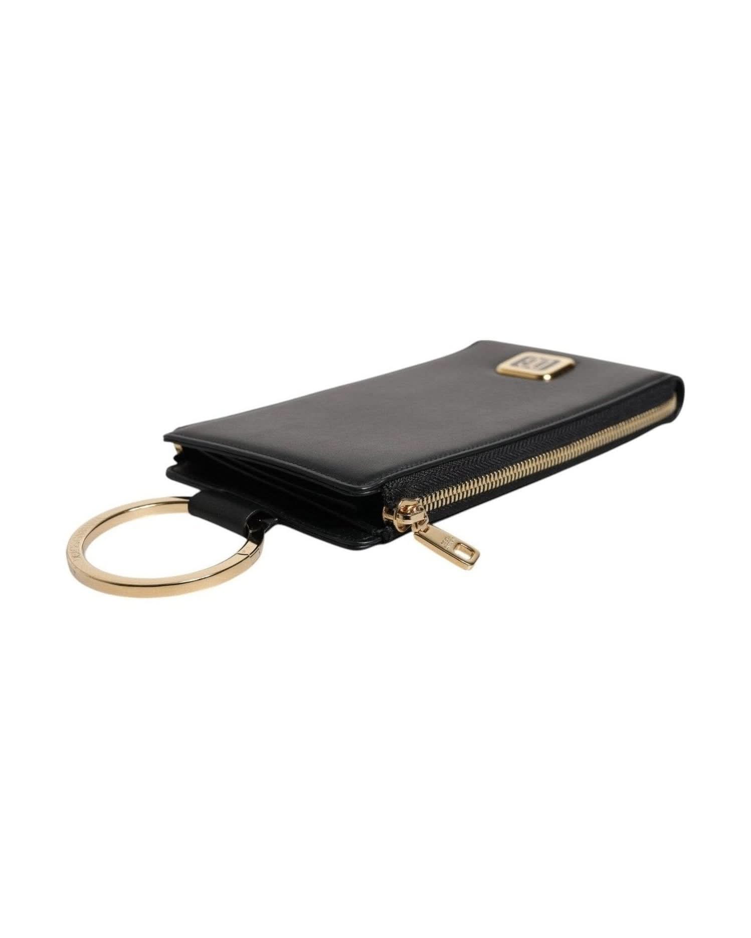 Dolce & Gabbana Black Leather Logo Plaque Neck Strap Card Coin Wallet Wallets